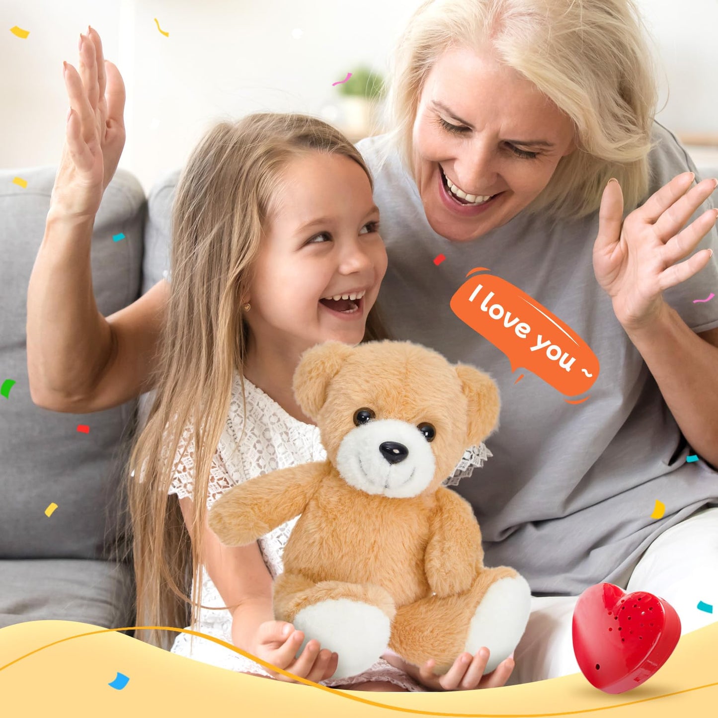 CozyWorld 30.5CM Heartbeat Teddy Bear Voice Recorder Plush Toy Stuffed Animal Soft Fuzzy Doll Gifts Messages Playback for Kids Birthday Children's Day
