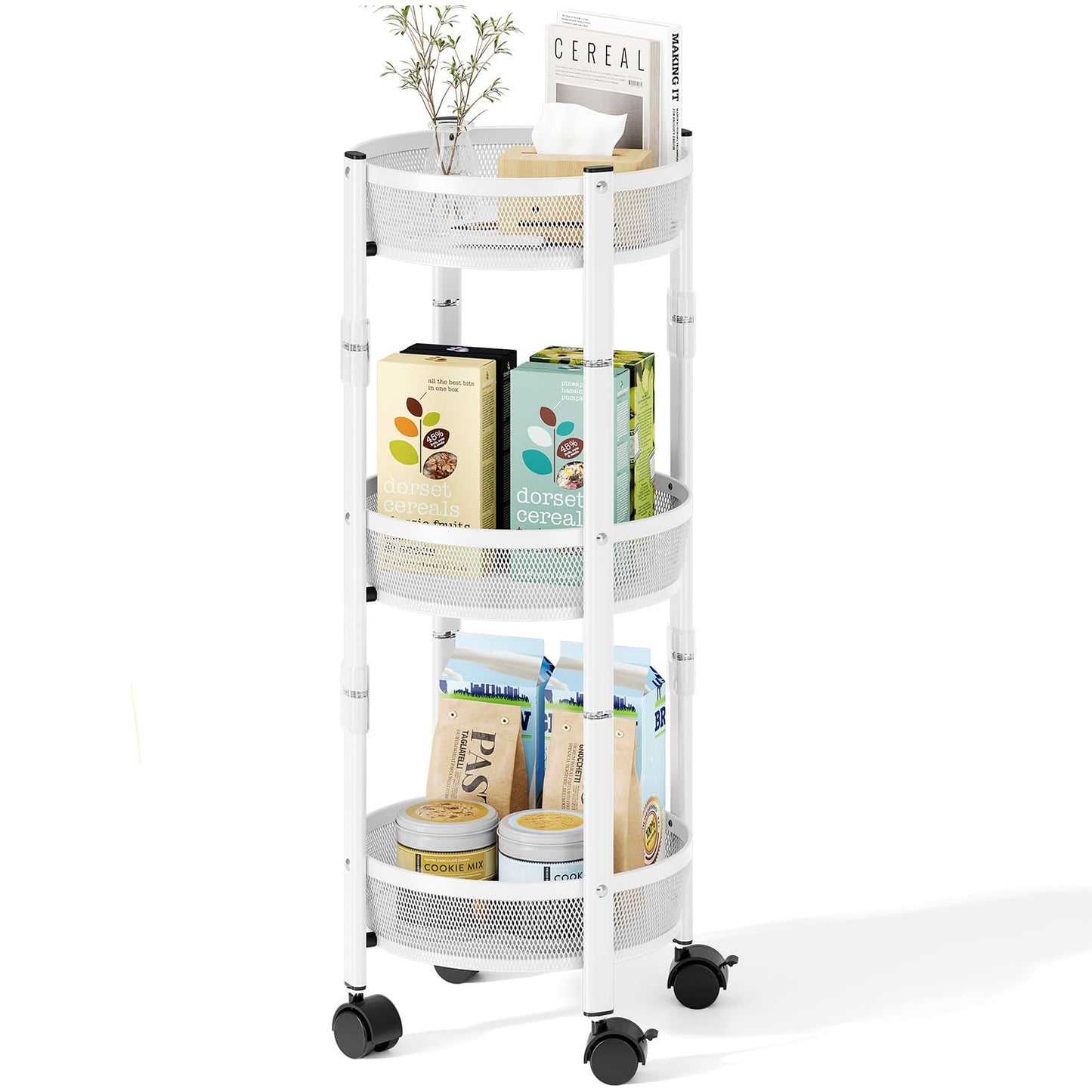 TOOLF 3-Tier Foldable Rolling Cart, Collapsible Metal Utility Cart with Wheels, No Assemble, Multifunction Storage Organizer Trolley for Kitchen, Bathroom, Dorm, Nursery, White