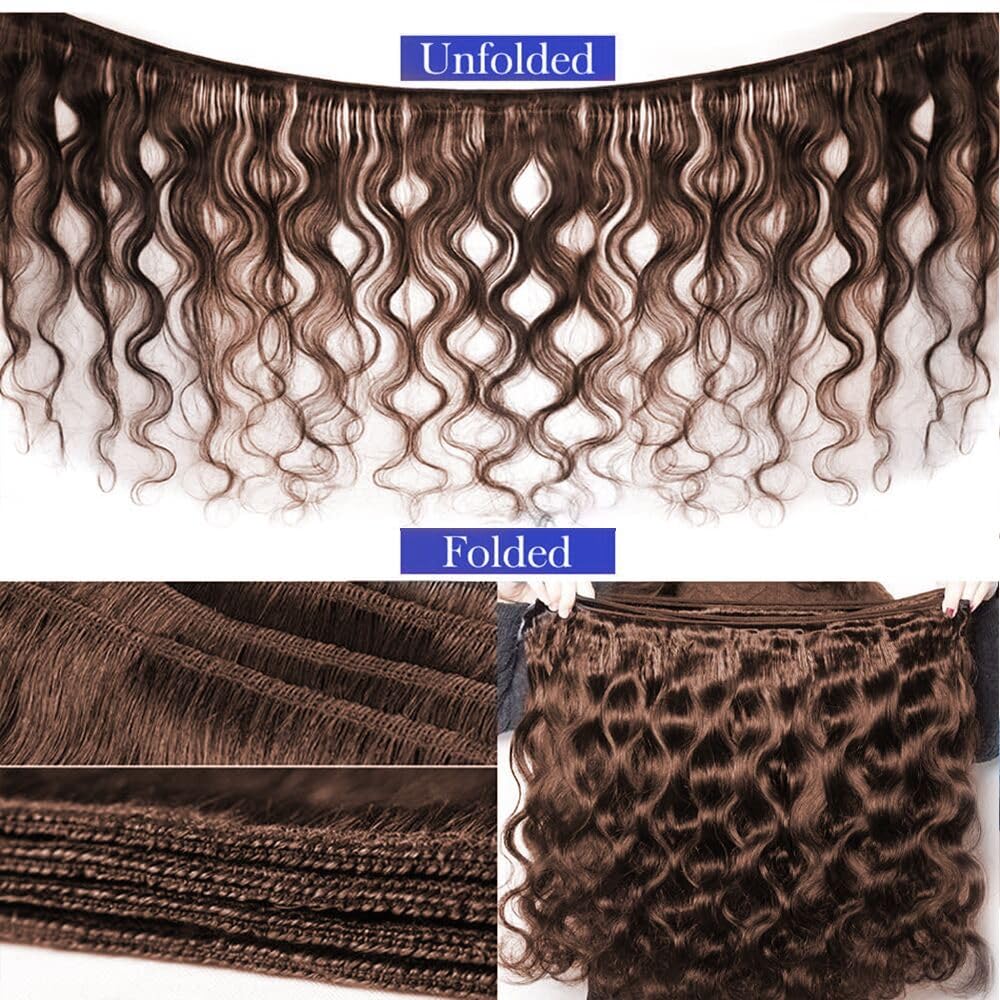 LUXEDIVA 12A Body Wave Bundles Human Hair 16 18 20 Inch Brown Human Hair Bundles 100% Unprocessed Indian Virgin Hair 3 Bundles Deal Weave Dark Brown Hair Extensions with Edges Stripes Baby Hair