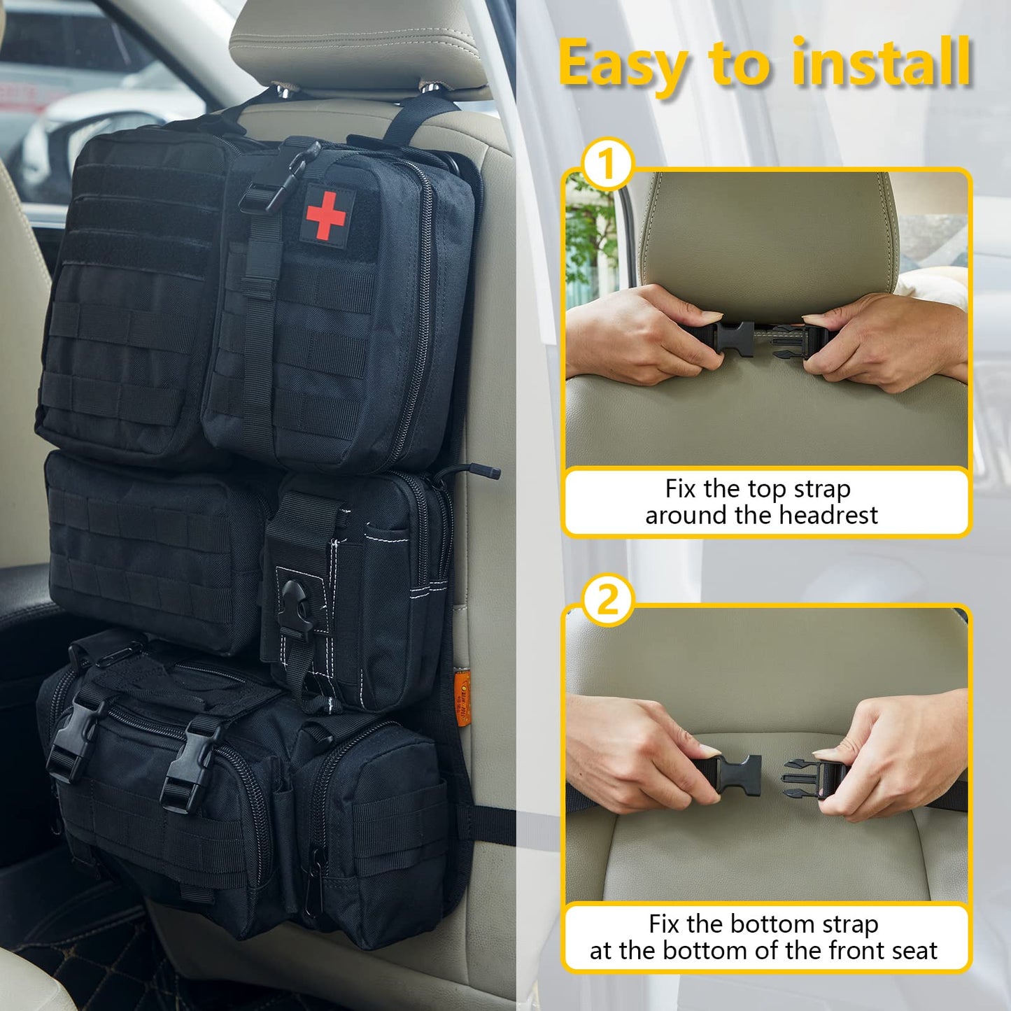 Universal Tactical Seat Back Organizer Vehicle Molle Panel Organizer Storage Bag with 5 Detachable Molle Pouch for All Vehicel Such as Jeep,Truck,SUV, Car, Ford,Chevy,Toyota etc. (A model-Black)