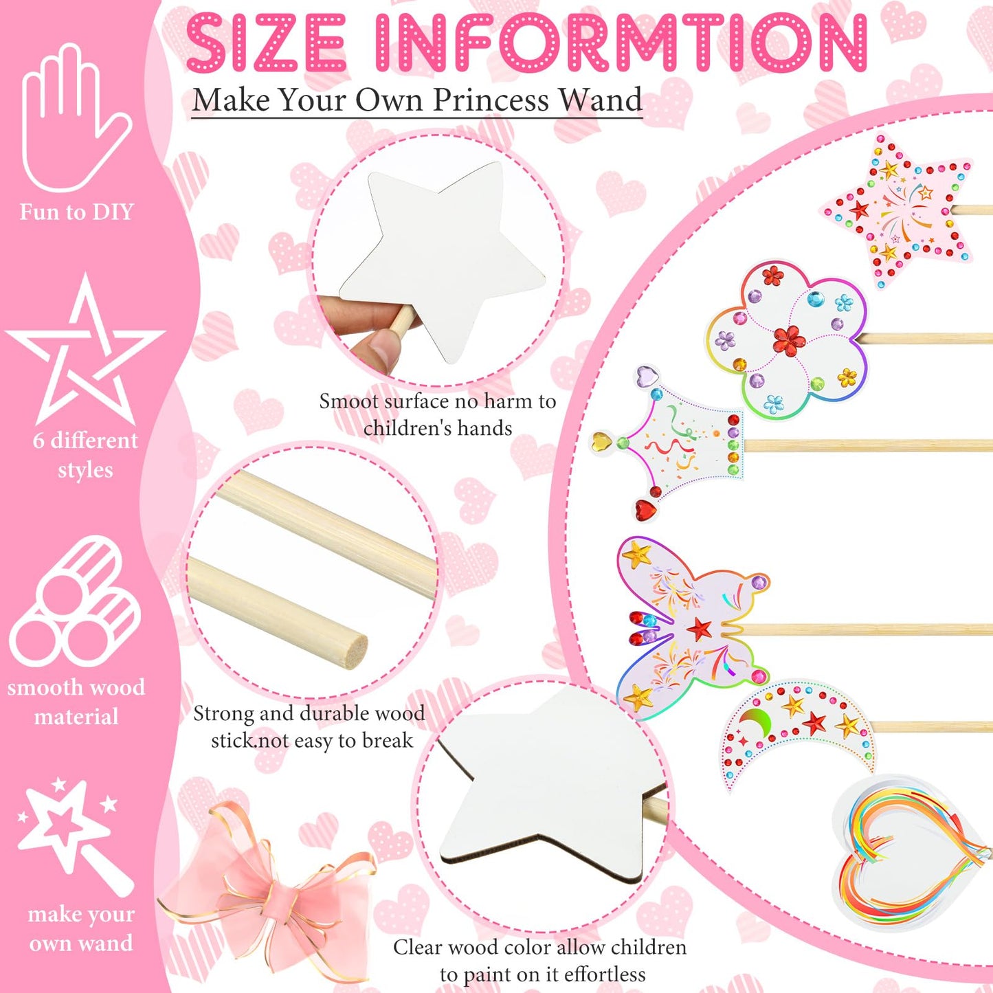 Cindeer 42 Pcs Princess Fairy Wands Kit, 36 Pcs Wooden Unfinished DIY Princess Wand with 6 Sheet Colorful Diamond Sticker for Girls Make Your Own Wand, Cosplay Costume Party Favor (White)