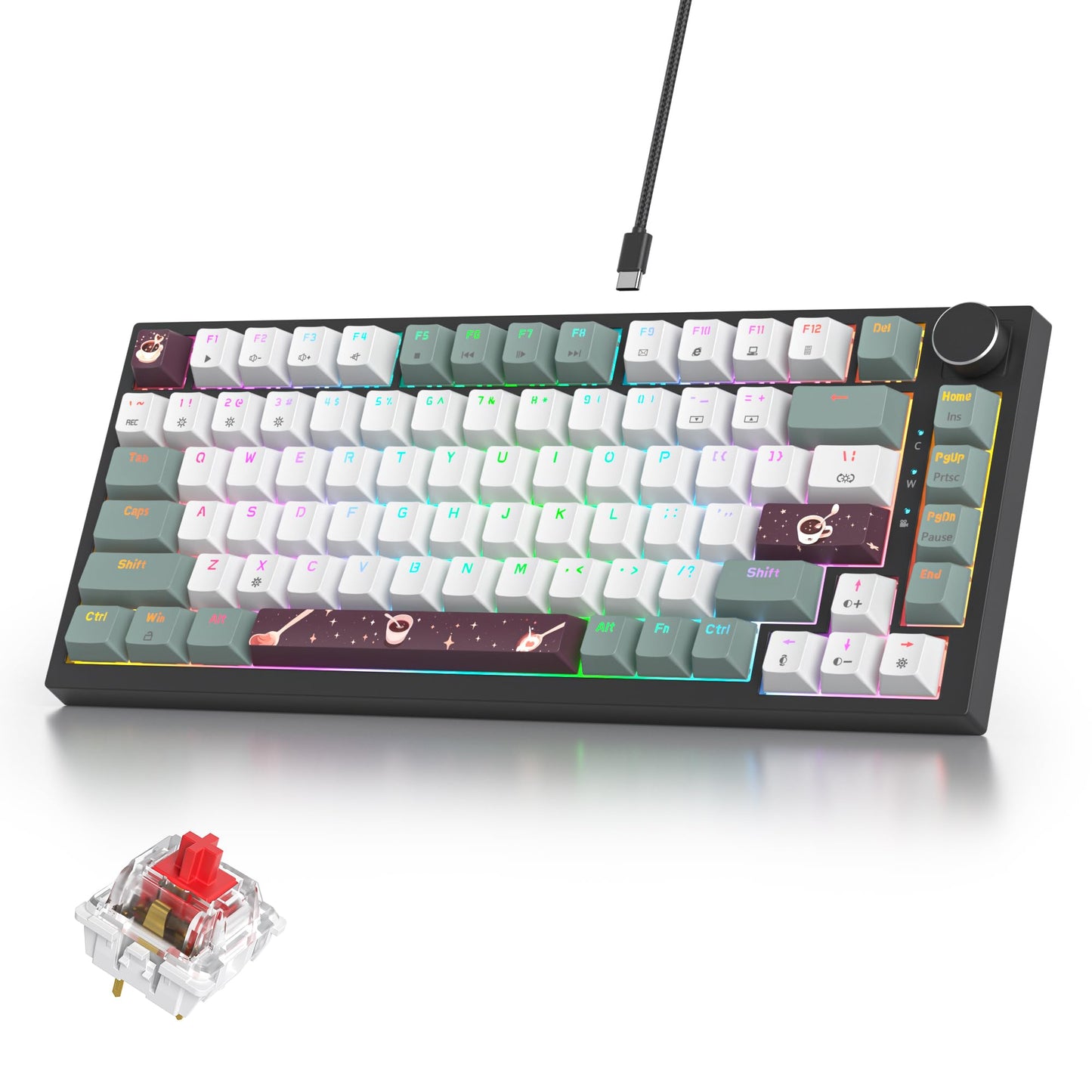 iRoboosta 75% Green Mechanical Gaming Keyboard, Hot Swappable RGB Custom Keyboard with Knob, Gasket Mount Wired TKL Red Switch Keyboard 75 Percent, Creamy Mechanical Keyboard (82 Green White)
