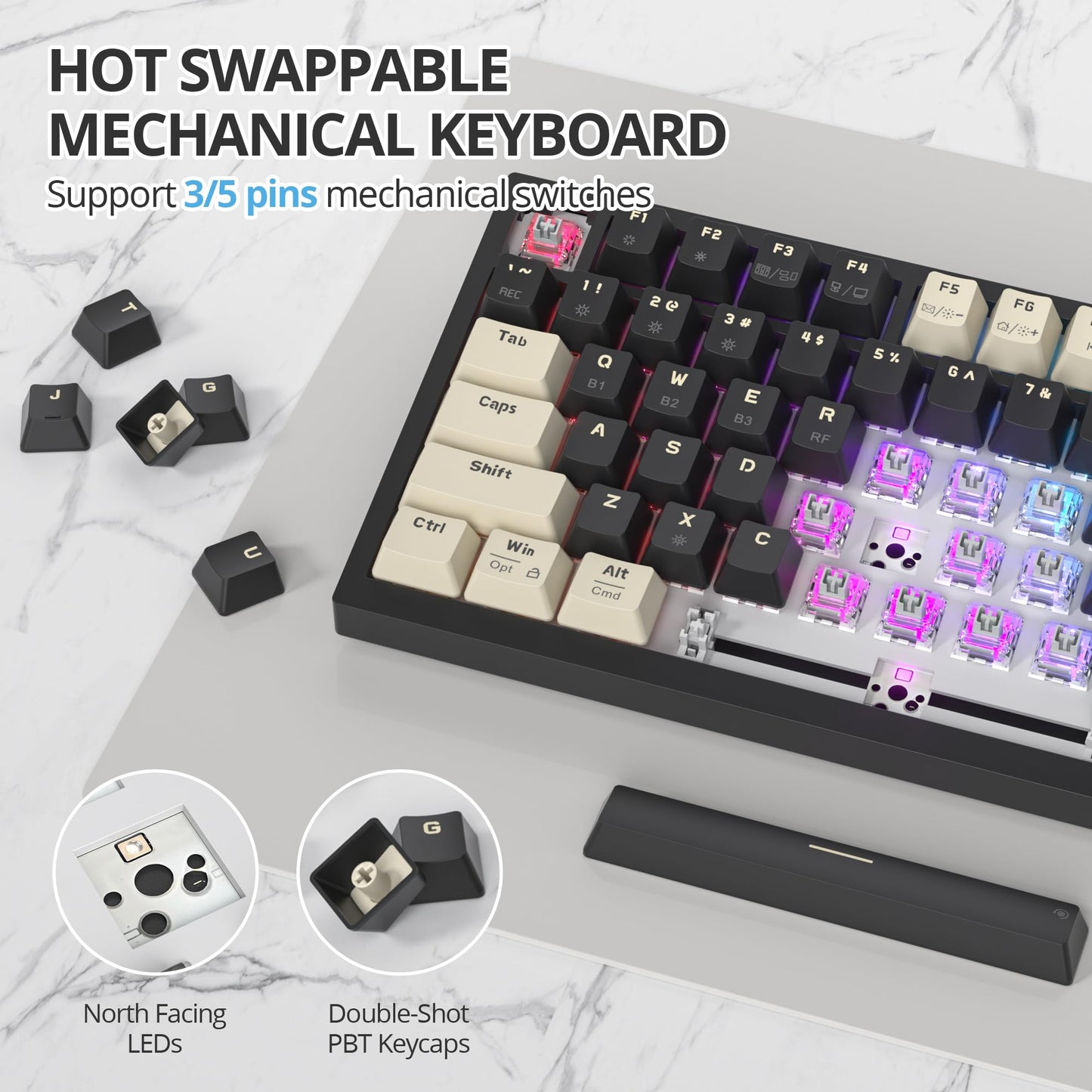iRoboosta 400PRO 75% Wireless Creamy Mechanical Keyboard Black, Gasket Hot Swappable RGB Gaming Keyboard, Bluetooth/2.4GHz/USB-C Thocky Keyboard with Pre-lubed Cream Grey Switches (82 Black)