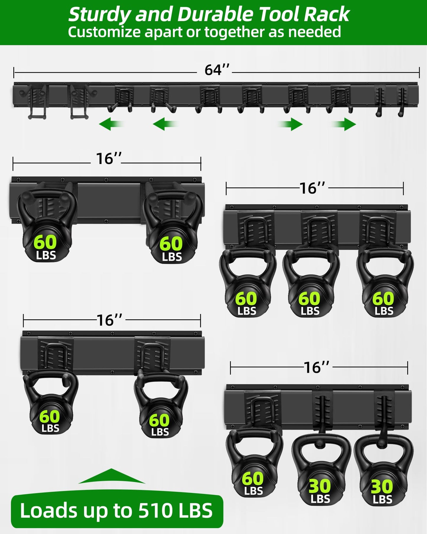 PIYILO 64 inches Garage Tool Organizer Wall Mount, Garden Tool Organizer Rack Heavy Duty, Hanging Storage Organization Racks Holder with 10 Hooks, for Lawn Tools, Shovel, Shed