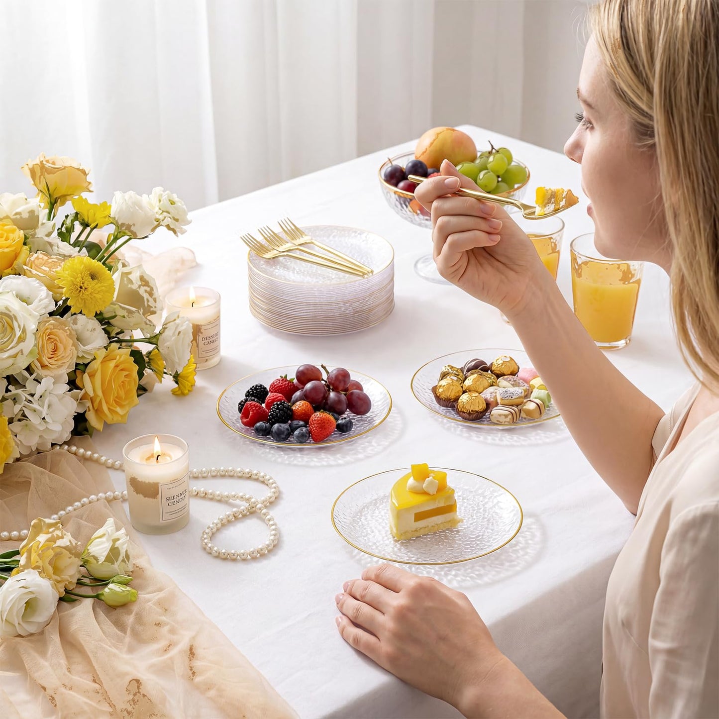 Rubtlamp 200 Pcs Clear Gold Dessert Plates with Forks, 6 inch Hammered Gold Small Disposable Plates, Fancy Appetizer Platos Include 100 Cake Plate,6 inch 100 gold Forks for Birthday, Wedding, Teatime