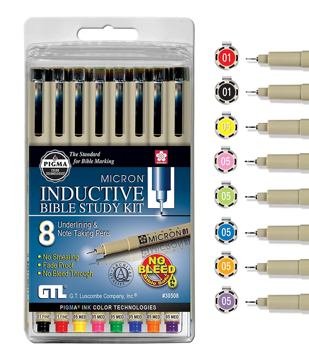 G.T. Luscombe Company, Inc. Pigma Micron 01 Fine & 05 Medium Point Bible Study Pen Kit | No Smearing or Fading | Bible Safe | Artist Pens | No Bleed Pigmented Ink (Set of 8)
