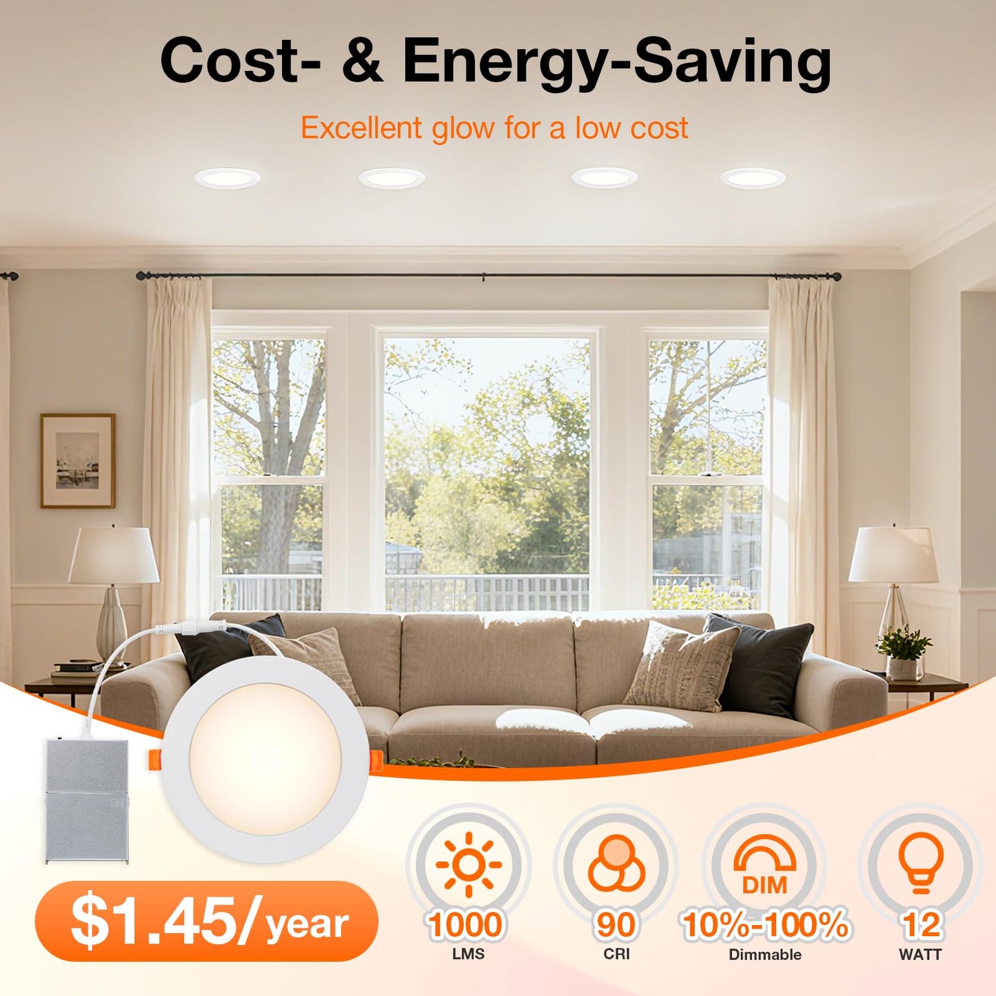 Sylvania 6" Slim Microdisk Downlight, 12W, 5 CCT Select (2700K - 5000K) Recessed Lighting, 1000 LMS, 90 CRI, Dimmable, Wet-Rated, White - 6 Pack (61190)
