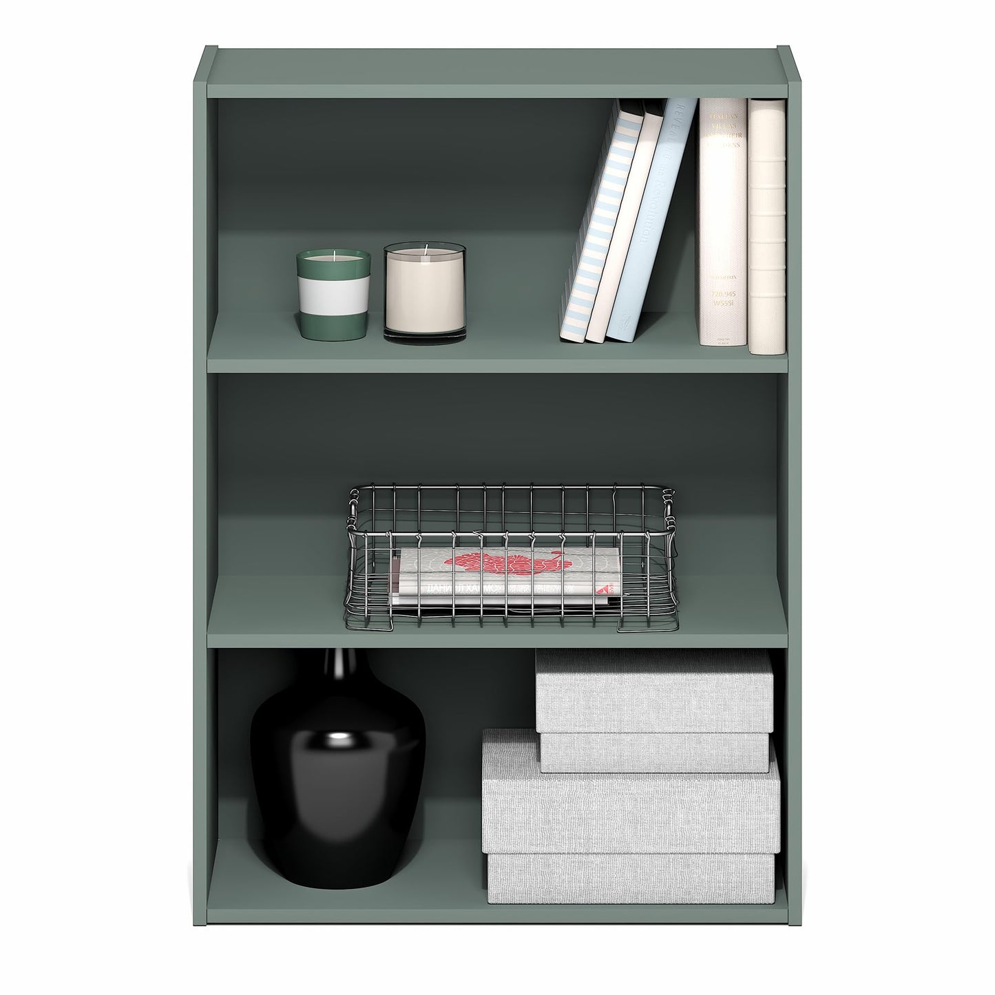 Furinno PASIR Book Shelf, 3-Tier Bookshelf, Storage Shelves Bookcase, 9.7 x 23.7 x 31.5, for Living Room, Bedroom, Home Office, Sage Green
