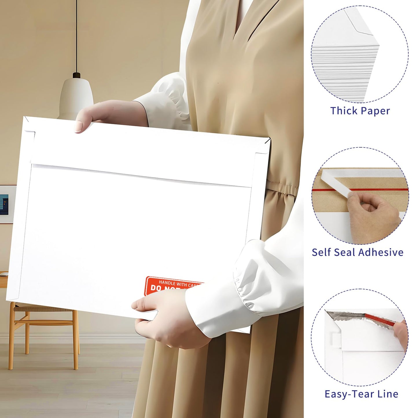 Cheardia 120 Pack Photo Document Mailers with Self Adhesive Seal, 13 x 9.25 Inch Rigid Mailers Stay Flat Cardboard Envelope with Label for CD, Photos, White