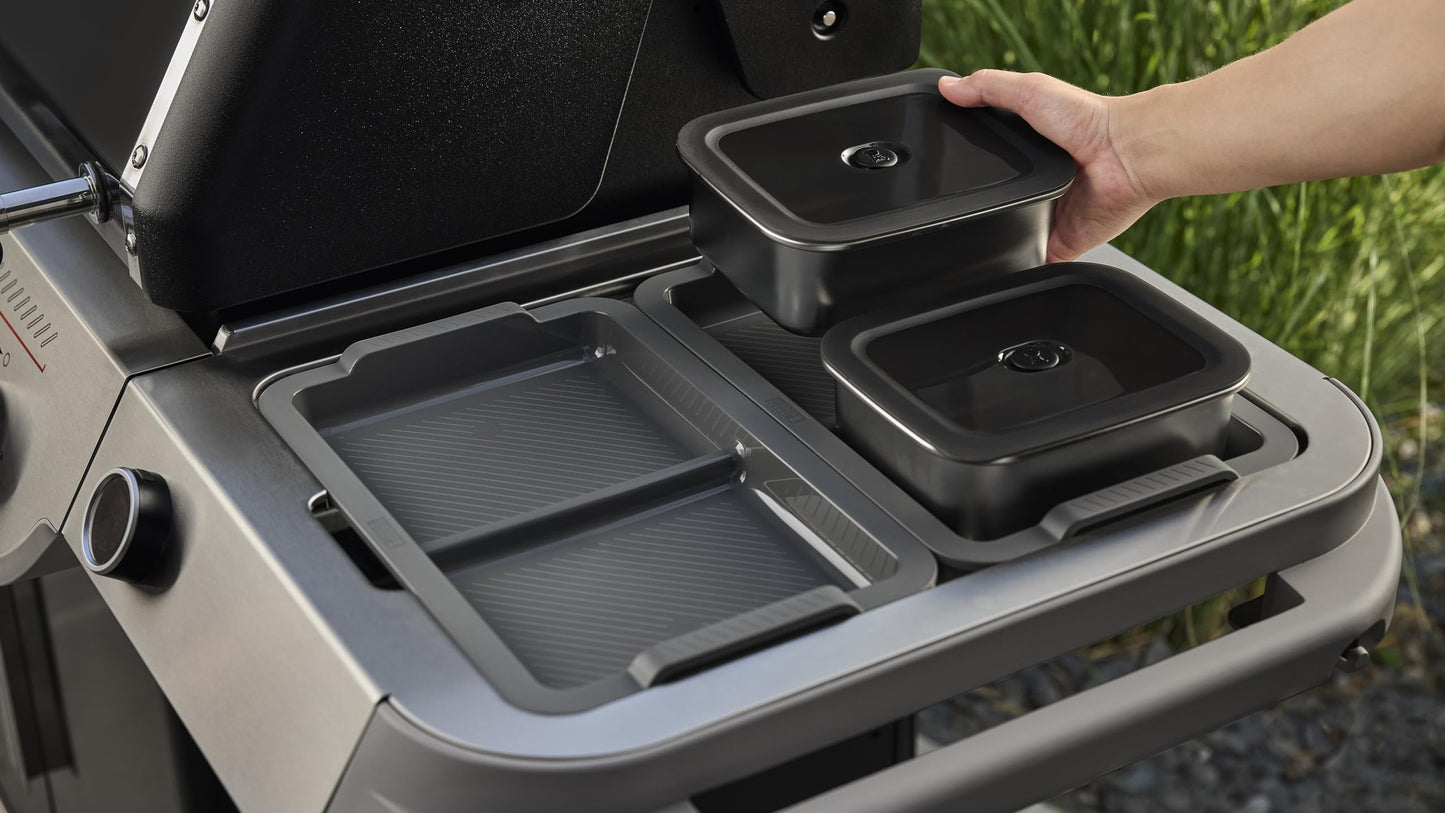 Weber Works Serving Tray – Drop‑in Grill Serving Set with Divided Trays & Stainless Steel Prep Containers with Airtight Vented Lids for Outdoor Cooking & Food Transport