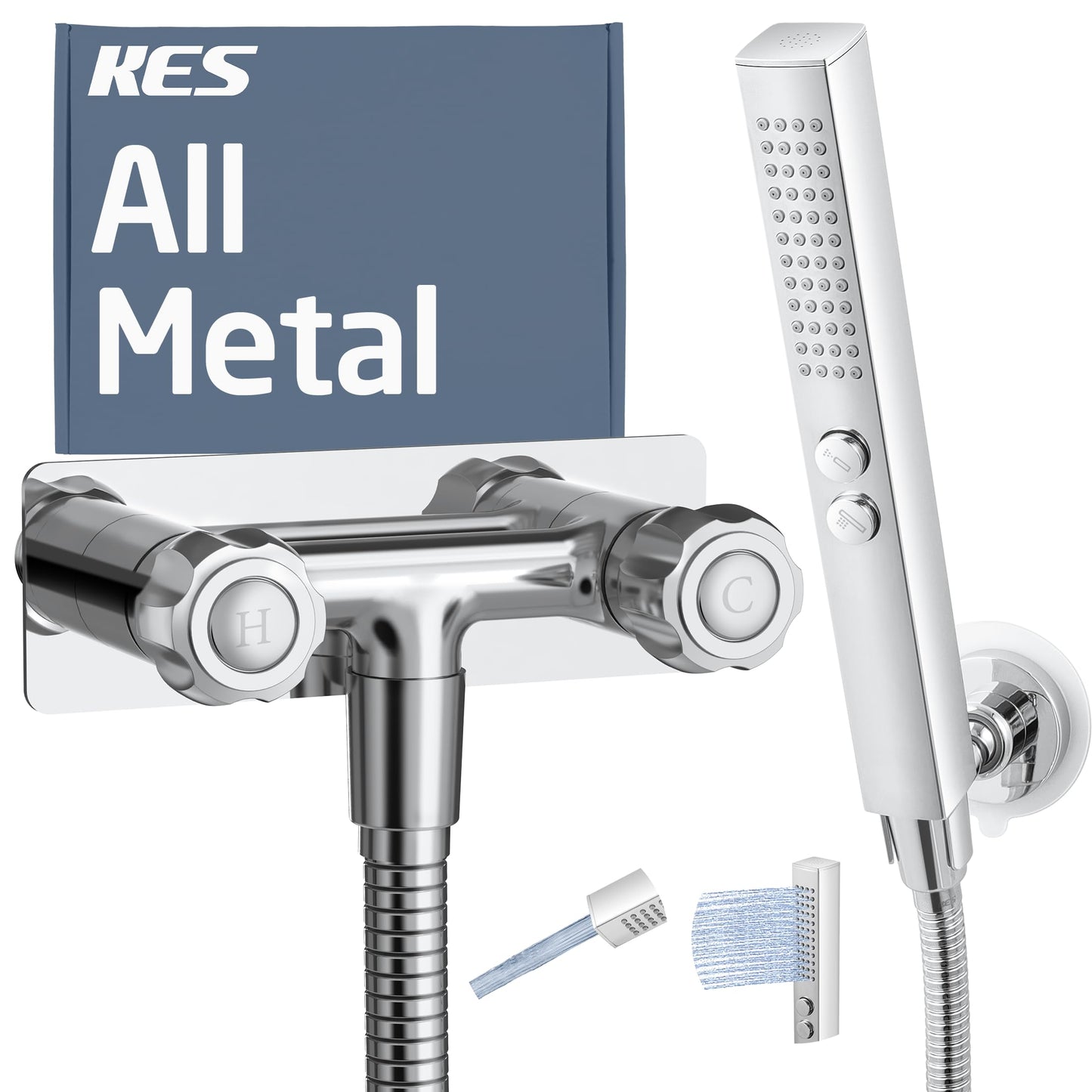 All Metal RV Shower Faucet with Hose and 2 Function Showerhead, KES No Leak Camper Shower Faucet Replacement, SUS 304 Handheld Holder Included, for RV, Travel Trailer, Motorhome, Chrome, XG6105-CH