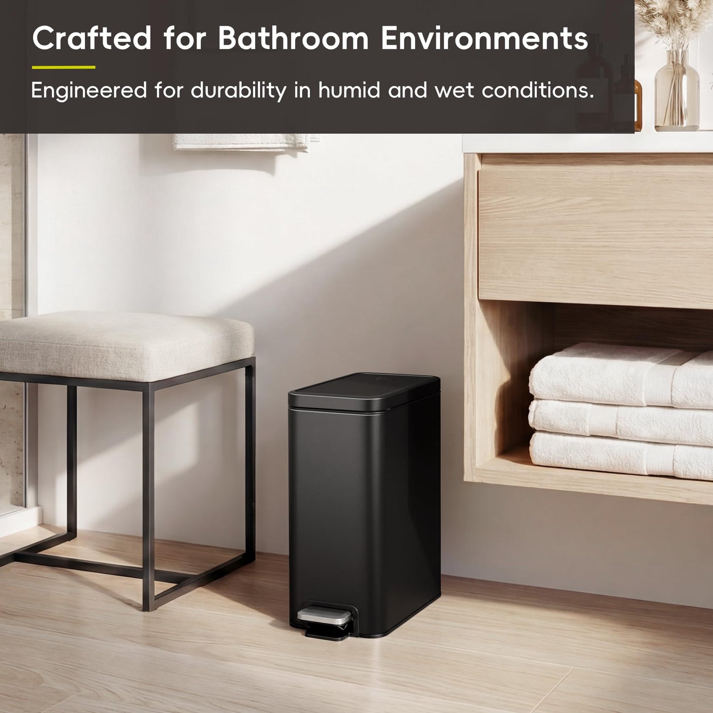 EKO Small Bathroom Trash Can with Lid Soft Close, Step Pedal, 10 Liter / 2.6 Gallon Stainless Steel Garbage Can with Removable Inner Bucket, Anti-Fingerprint Finish (Matte Black)