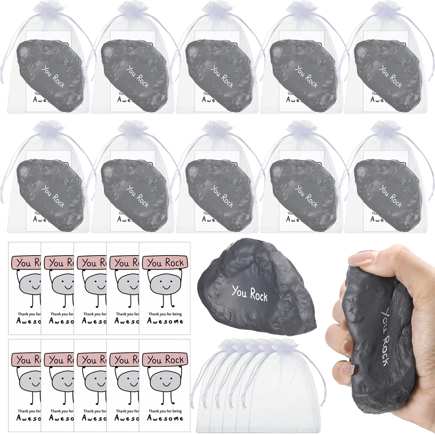 Gemscream Inspirational Stress Foam Stone Bulk Motivational Stress Balls Relief Ball Appreciation Gifts with Card Organza Bag Thank You for Being Awesome Gifts, 4 Inch(50 Set,Stone)