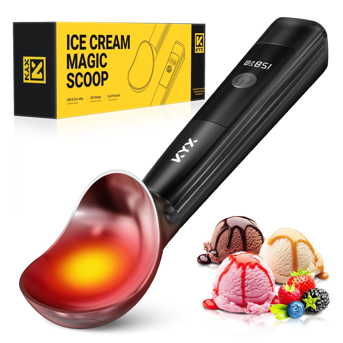 KYX Heated Ice Cream Scoop Rechargeable, Electric Ice Cream Scoop with 3-Level Heat 95-158°F, LED Display, IPX6 Waterproof, 3200mAh Battery, Easy Scoop for Hard Ice Cream, Gelato & Frozen Desserts