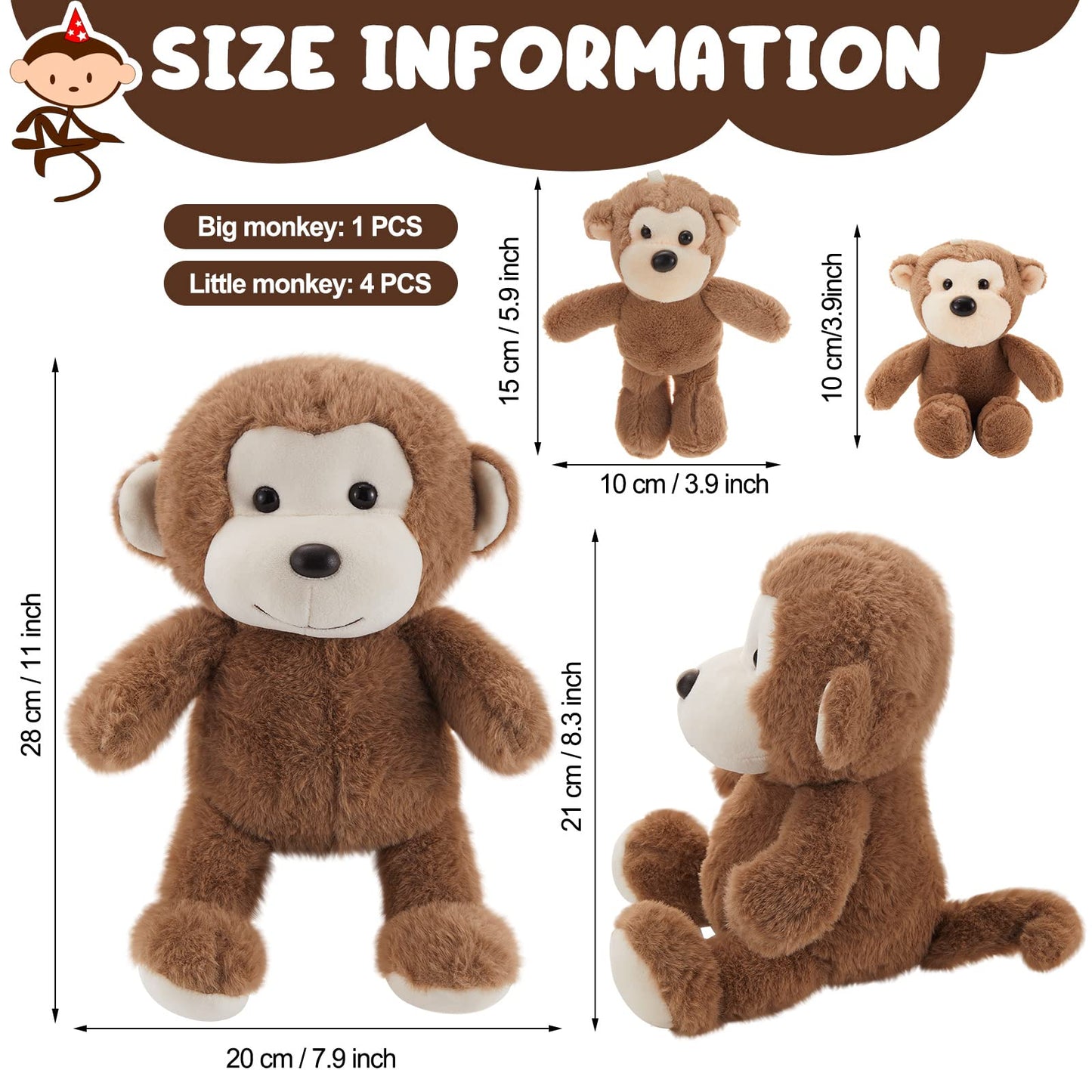 Lewtemi 5 Pack Big Monkey Plush Toy with 4 Cute Monkeys Plush Toy for Boys Girls Birthday Gifts