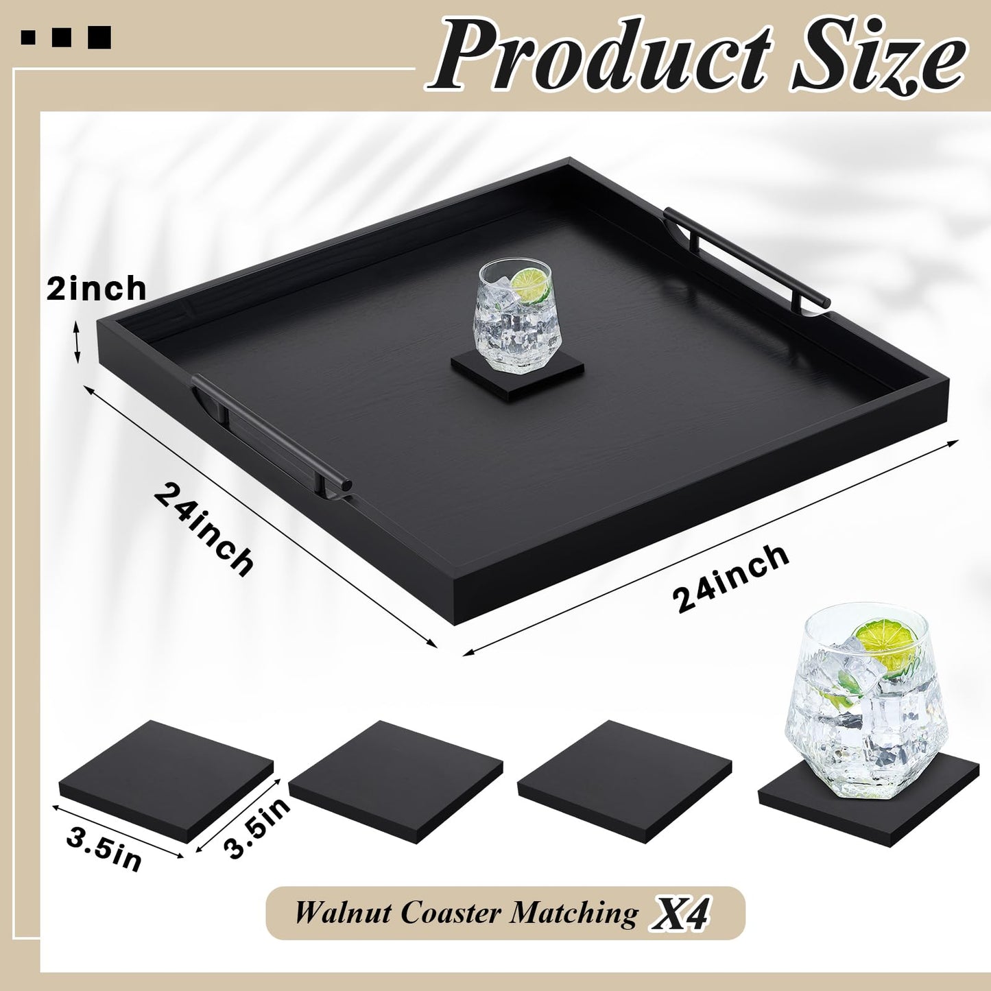 Remagr Large Square Ottoman Tray 24 x 24 x 2 Inch Wood Serving Tray with 4 Coasters and Metal Handles for Food Coffee Tea Table Sofa Living Room Home Housewarming Gift(Black)