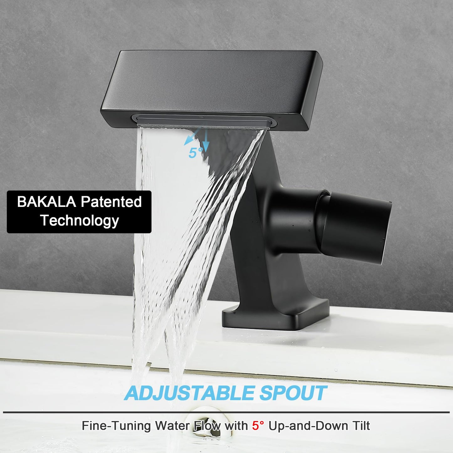 BAKALA Black Waterfall Bathroom Faucets, Single Hole Single Handle Brass Bathroom Sink Faucet Deck Mount, Rv Lavatory Vanity Faucet with 2 Supply Holes