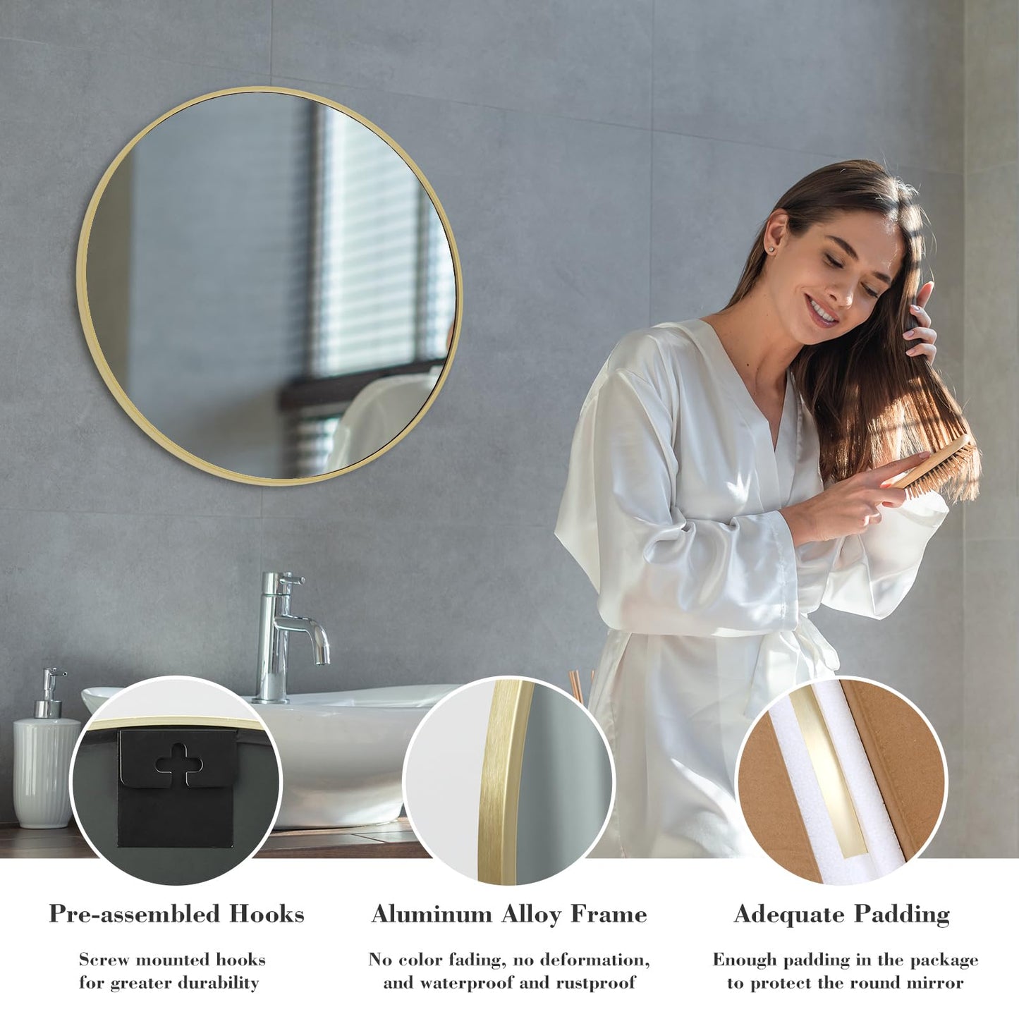 Sweetcrispy 24 Inch Round Wall Mirror with Tempered Glass, Bathroom Mirror Over Sink, Anti-Fog & Waterproof Round Mirrors for Bathroom, Entryway, Bedroom, Shatterproof Design, Gold