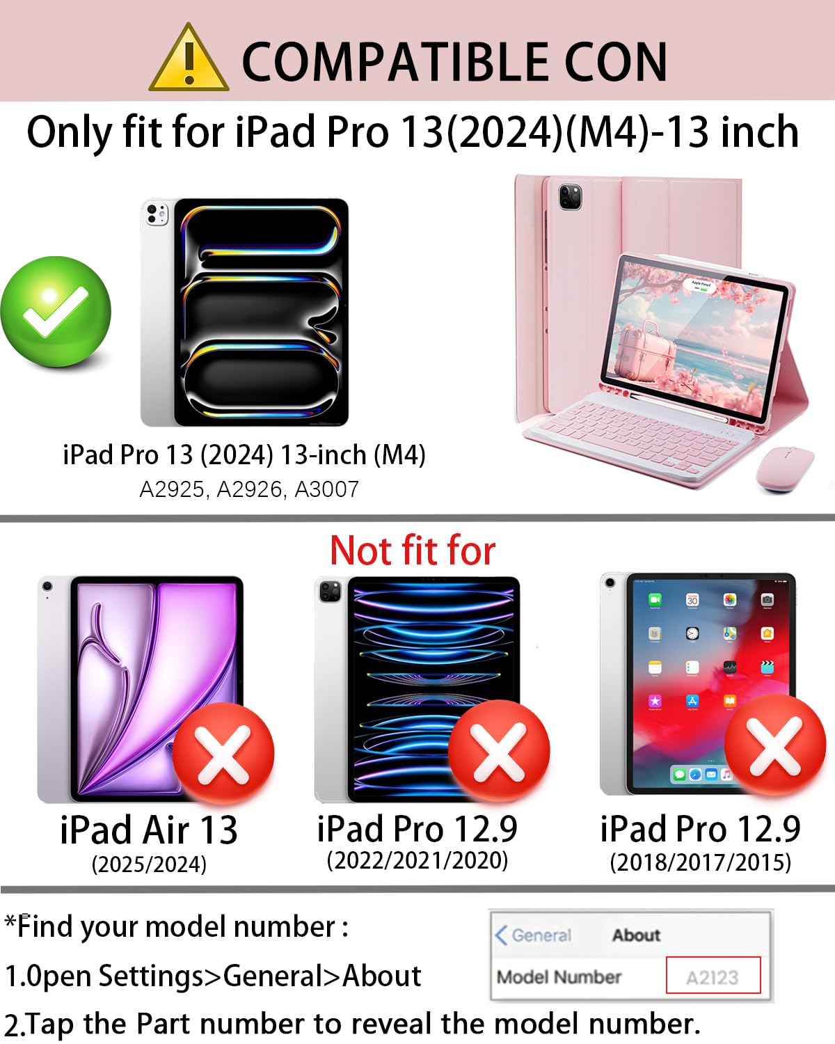 TUNKARMOR Keyboard Case for iPad Pro 13 (M4 2024) 13 inch - with Mouse and Detachable Keyboard, Slim Case with Pen Holder - Pink