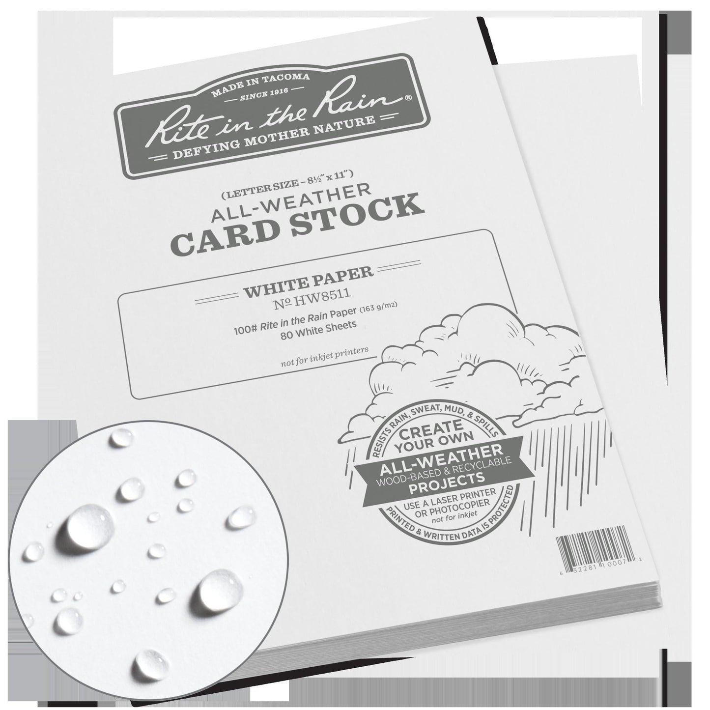 Rite in the Rain Weatherproof Card Stock, 8.5" x 11", 100# White, 80 Sheet Pack (No. HW8511)