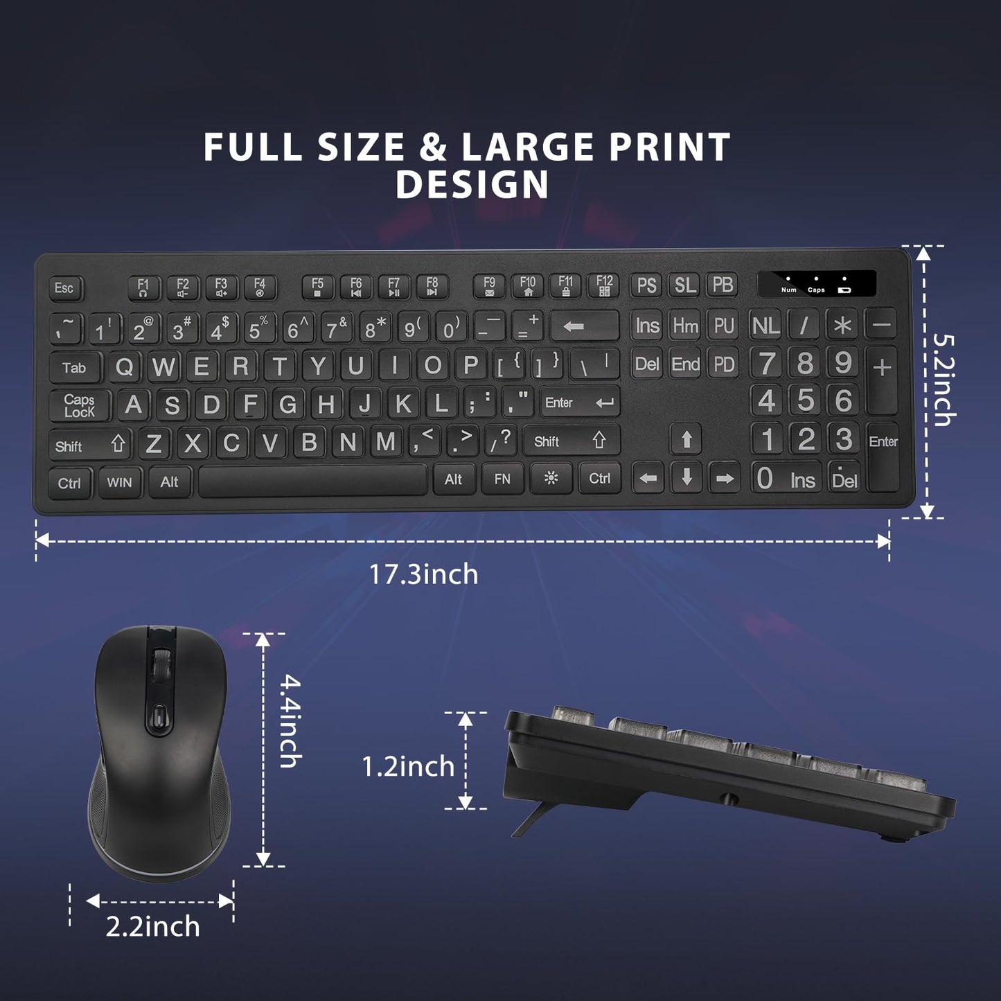 Wireless Keyboard and Mouse - Large Print Wireless Keyboard, KOPJIPPOM 2.4G Full Size Keyboard and Mouse Set with Big Letters and Backlight Key for Seniors, Compatible for Windows, Laptop, PC, Black