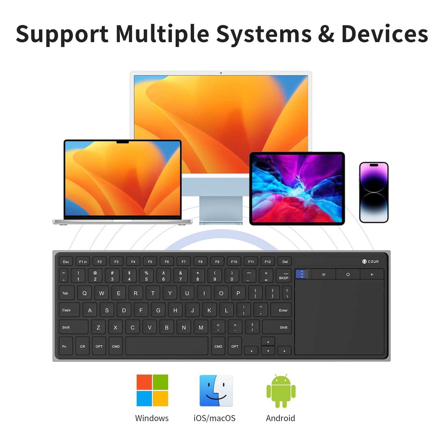 CZUR Rechargeable Bluetooth Keyboard with Touchpad, Portable Computer Keyboard with Trackpad, Wireless Ultra Slim Keyboard for PC/Laptop/Tablet/Phone/Smart TV