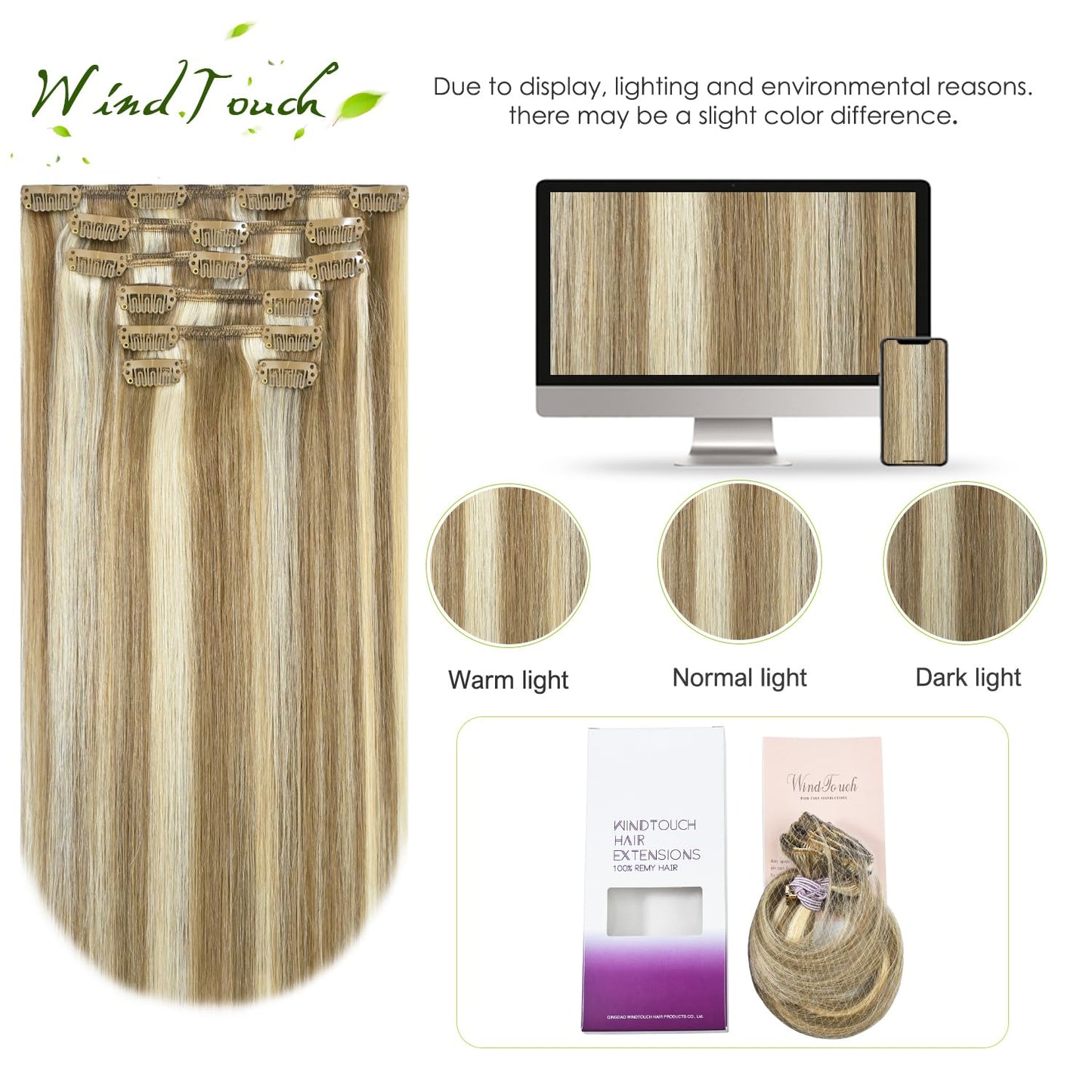 WindTouch Clip in Hair Extensions 100g Clip in Hair Extensions Real Human Hair Mixed Bleach Blonde Hair Extensions real hair extensions clip in human hair 7pc 20inch Thicher Hair Extensions