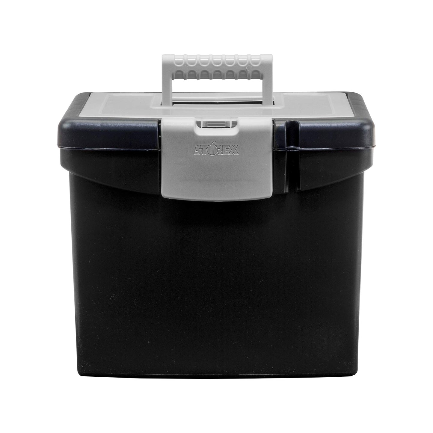 Storex Portable File Box with Organizer Lid – Plastic Office File Storage Box for Letter Paper and Hanging Folders, Obsidian, 1-Count (61504C01C)