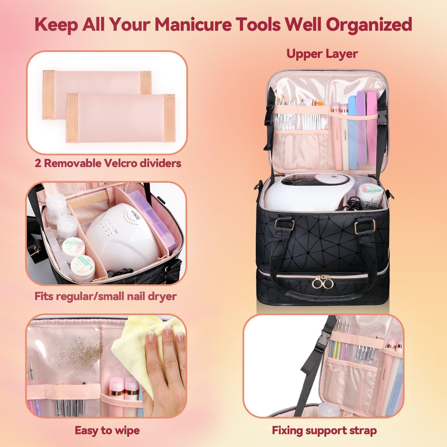 SIYNPAV Nail Polish Organizer Bag Holds 84 Bottles (15ml/0.5fl.oz)& Nail Lamp, 3 Layers Detachable Nail Kit Storage Case PU Leather, Large Travel Nail Supplies Shoulder Bag for Manicure Tools (Black)