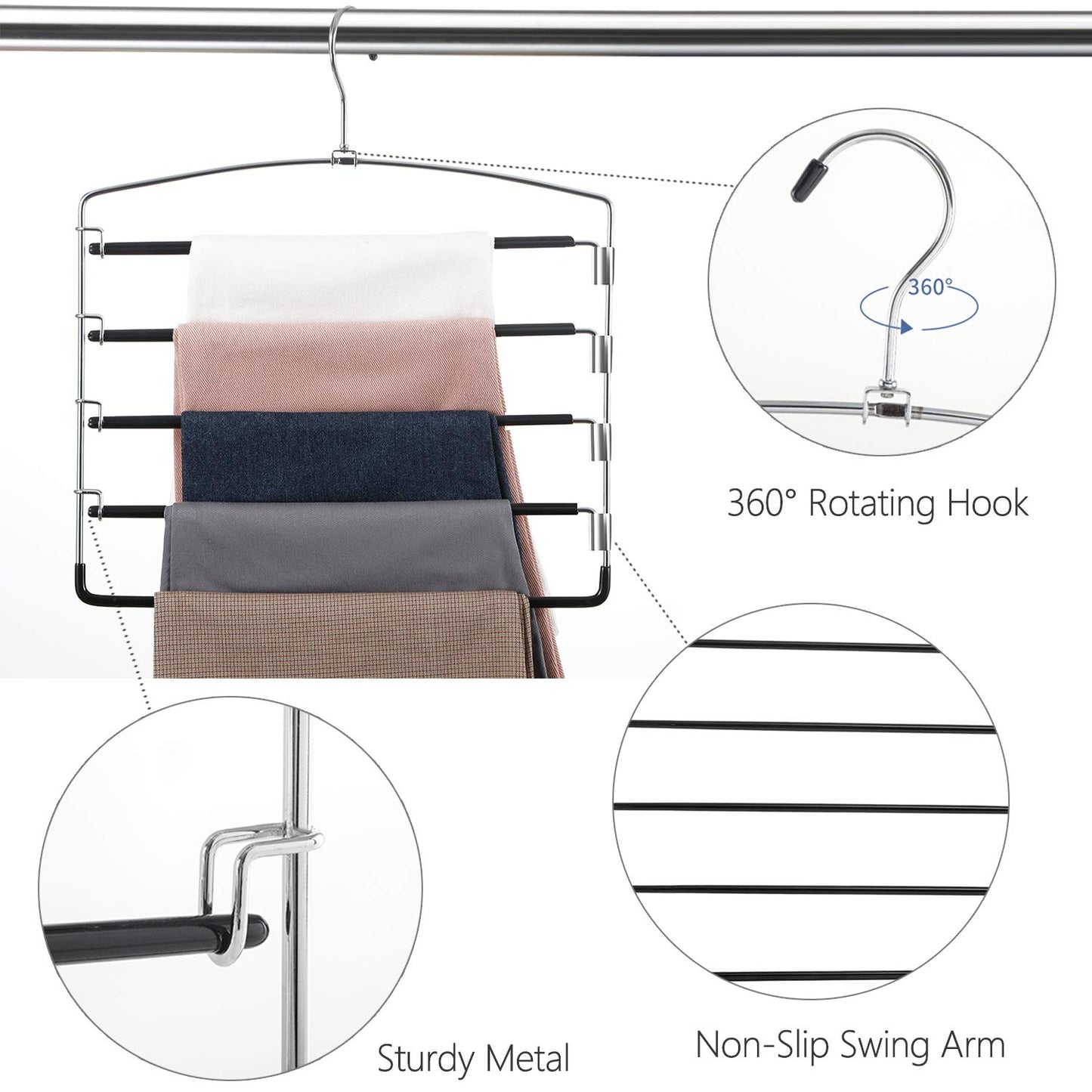 FeeraHozer Pants Hangers Non Slip 6 Pack Space Saving Hangers Multi-Layer Swing Arm Pants Hanger Stainless Steel Space Saver Hanger for Jeans Scarf Trouser Towel Clothes (Black)