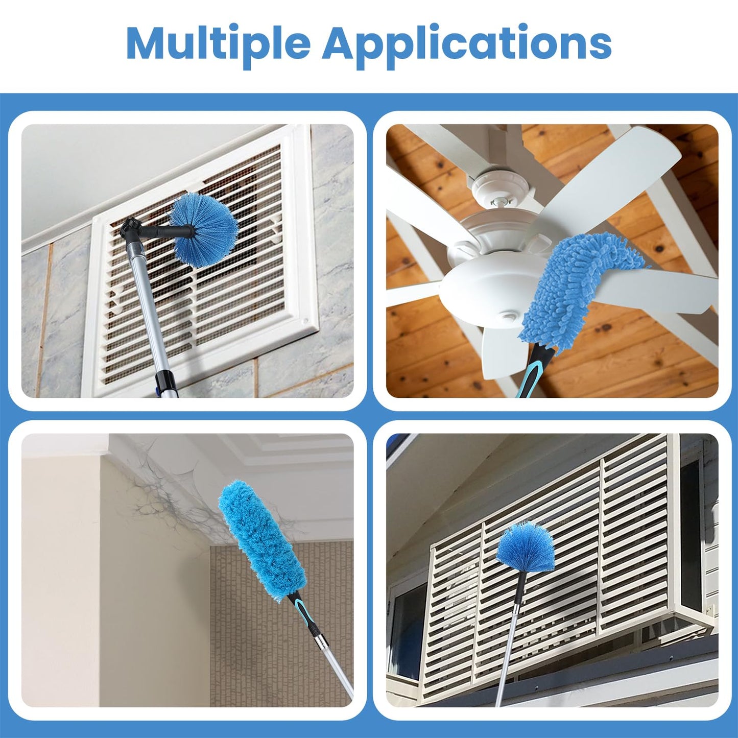 20ft High Ceiling Duster Kits with 5-12ft Heavy Duty Extension Pole - Fan Blade Cleaner, Cobweb Remover & Blue Window Squeegee Kit, Washable Dust Brush for High Roof and Glass Surfaces