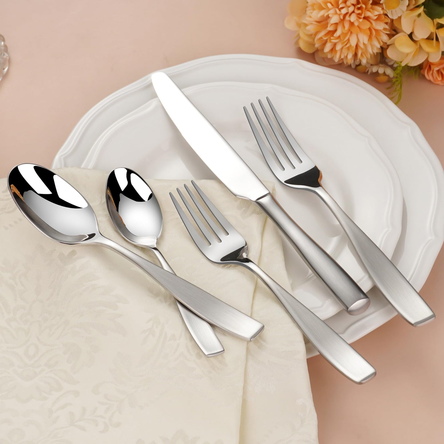 65-Piece 18/10 Stainless Steel Flatware Set for 12, Heavy Duty Silverware Set, Flatware Set with Serving Utensil, High End Mirror Polish and Satin Handle, Dishwasher Safe, Ideal for Gift