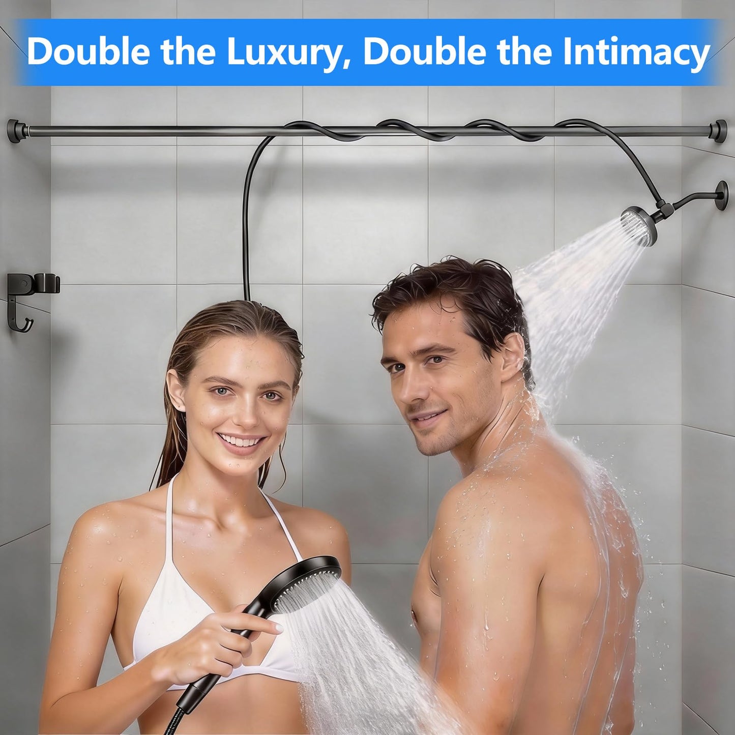 NTPN Dual Shower Head with Handheld for Couples: High Pressure Double Shower Heads for Two People - Adjustable Two Showerhead System with 3 Flow Settings Fits 2 Person Bathroom (Black)