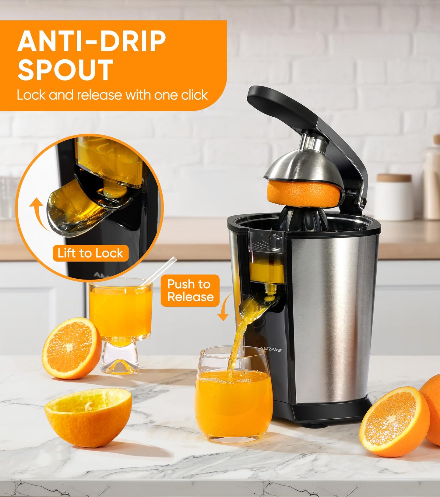 Amzpass Electric Orange Juicer, Citrus Juicer Squeezer with 2 Cones and Soft Grip Handle for Effortless Juicing, Stainless Steel Quiet Orange Juice Extractor Machines for Lime Grapefruit Lemon
