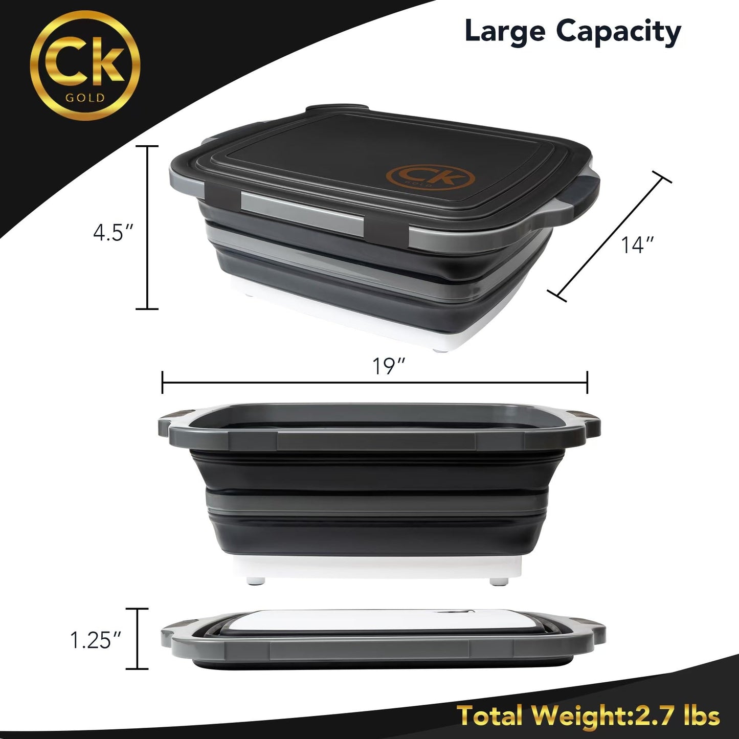 CK GOLD New XL Collapsible BBQ Prep Tub with LOCKING Lid, Cutting Board & Drain Hole | BPA-Free, Food-Grade, Space-Saving Prep Tubs for Marinating, Grilling, Camping & Outdoor Cooking (Black, 16L)