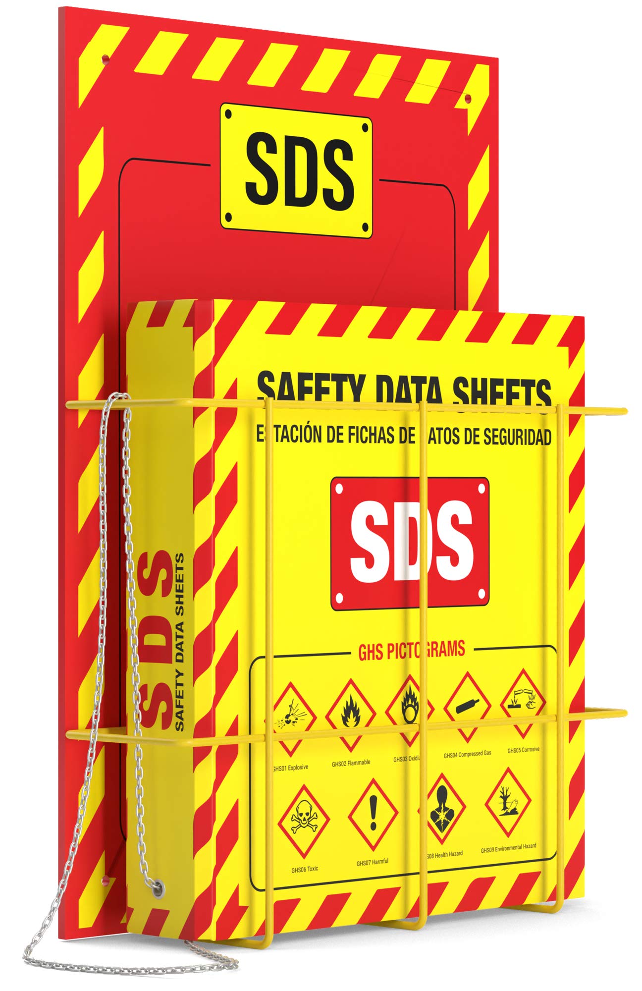 MSDS Wall Station - 3 Inch 3 Ring Material Safety Data Sheet Binder with SDS Wire Rack and Display Sign, Chain, Mounting Hardware, SDS Poster, MSDS Labels - Bilingual Heavy Duty OSHA Yellow Binder