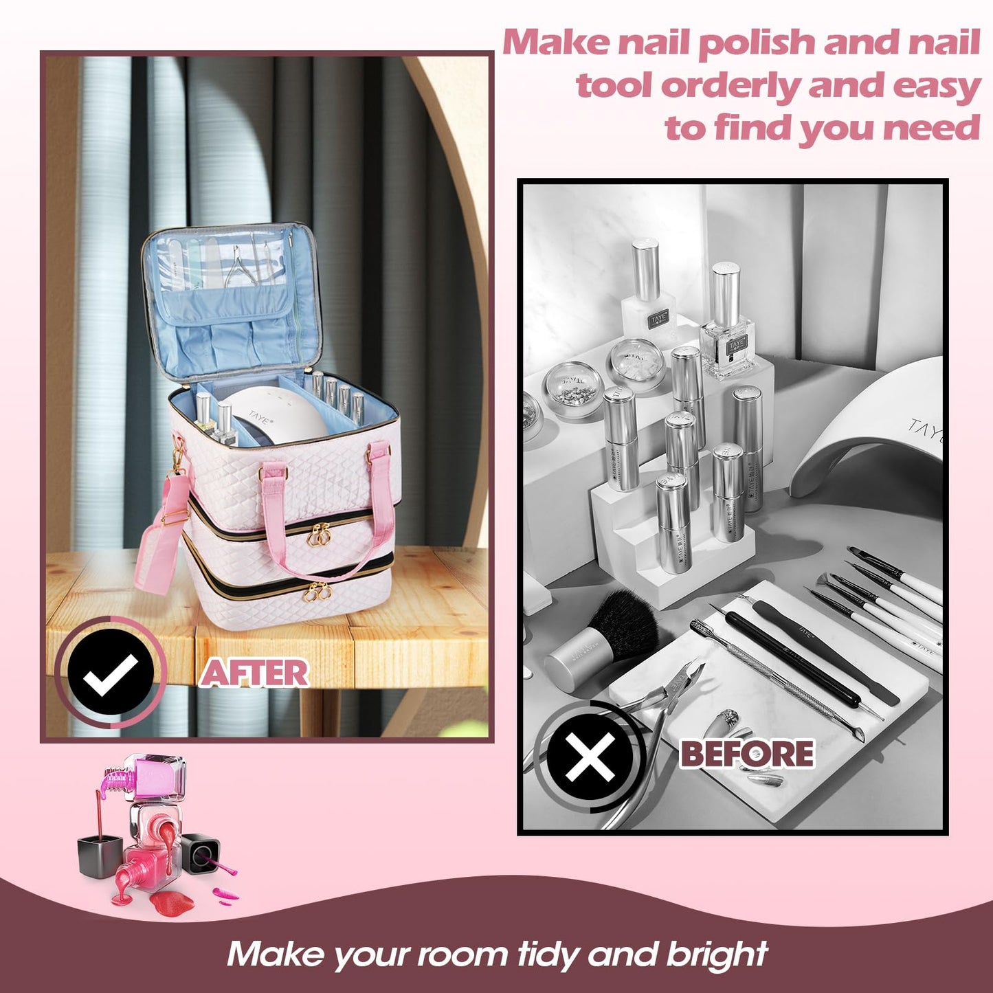 Cheungren Nail Polish Organizer Case - Three Layer Nail Polish Storage Bag with Adjustable Dividers Holds 84 Bottles Nail Polish Nail Lamp Nail Kit Supplies Organizer Box - Pink
