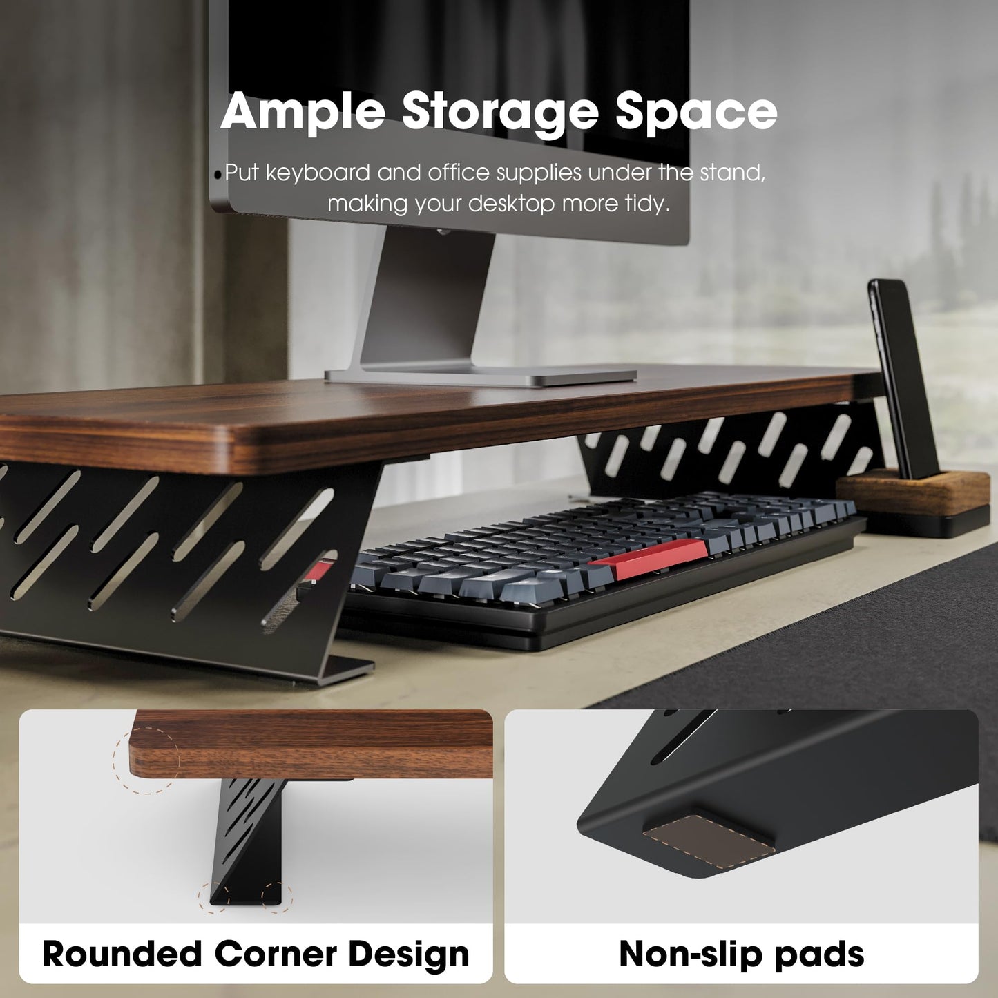 Fenge Monitor Stand Riser, 31.5 Inch Desk Top Shelf for 2 Monitors, Computer Stands for Desk, Wood & Steel Desktop Riser for Laptop, PC, Printer