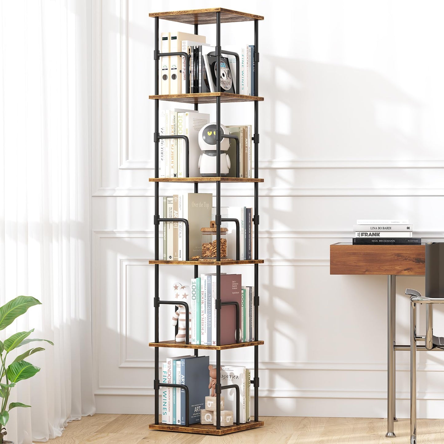 swlongbooks 5-Tier Rotating Bookshelf, Freestanding Corner Bookshelf, 360° Spinning Bookcase Industrial Style Storage Rack with Rails, for Living Room, Bedroom, Study