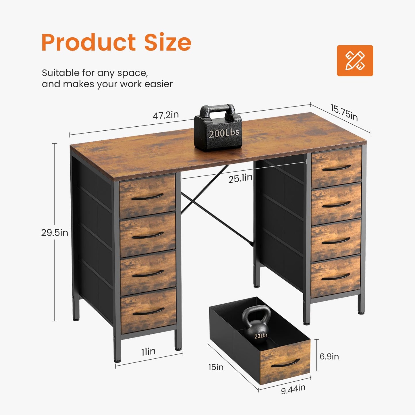 Sweetcrispy Desk with 8 Fabric Storage Drawers, Computer Office 47 Inch Gaming Writing Study Table with X-Shaped Reinforced Structure for Home Office Bedroom PC Desk, Brown
