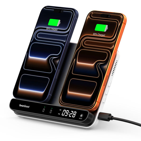 Dual Wireless Charger Stand, SwanScout 504, Foldable Wireless Charging Station Pad for iPhone Air/17/16/15 Series, Samsung Galaxy S25/S24/S23, Google Pixel 10/9/8, Android Phones, AirPods/Galaxy Buds