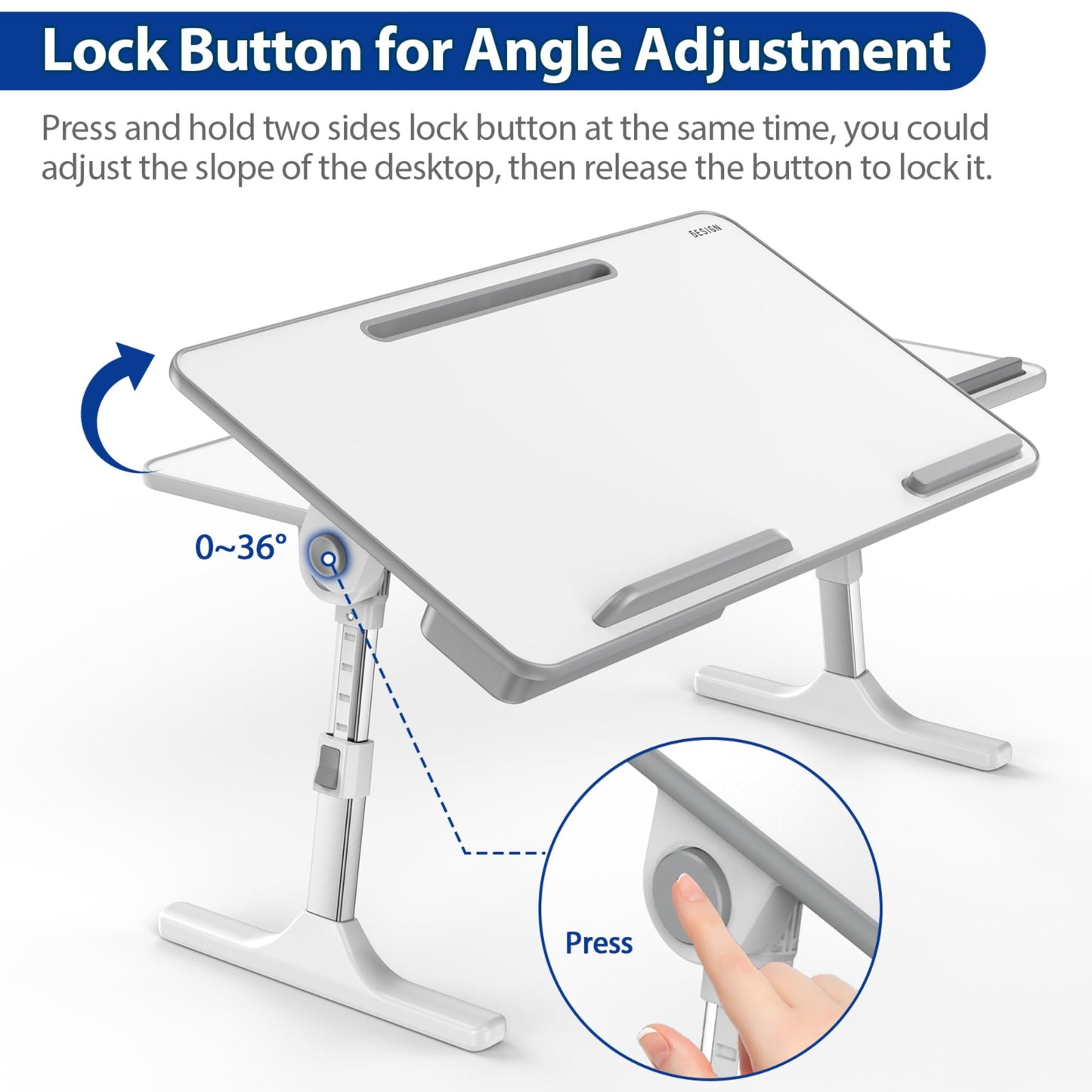 Besign LT05 Adjustable Laptop Table, Lap Desk, Portable Standing Bed Desk, Foldable Sofa Breakfast Tray, Notebook Computer Stand for Reading and Writing, Medium Size, White