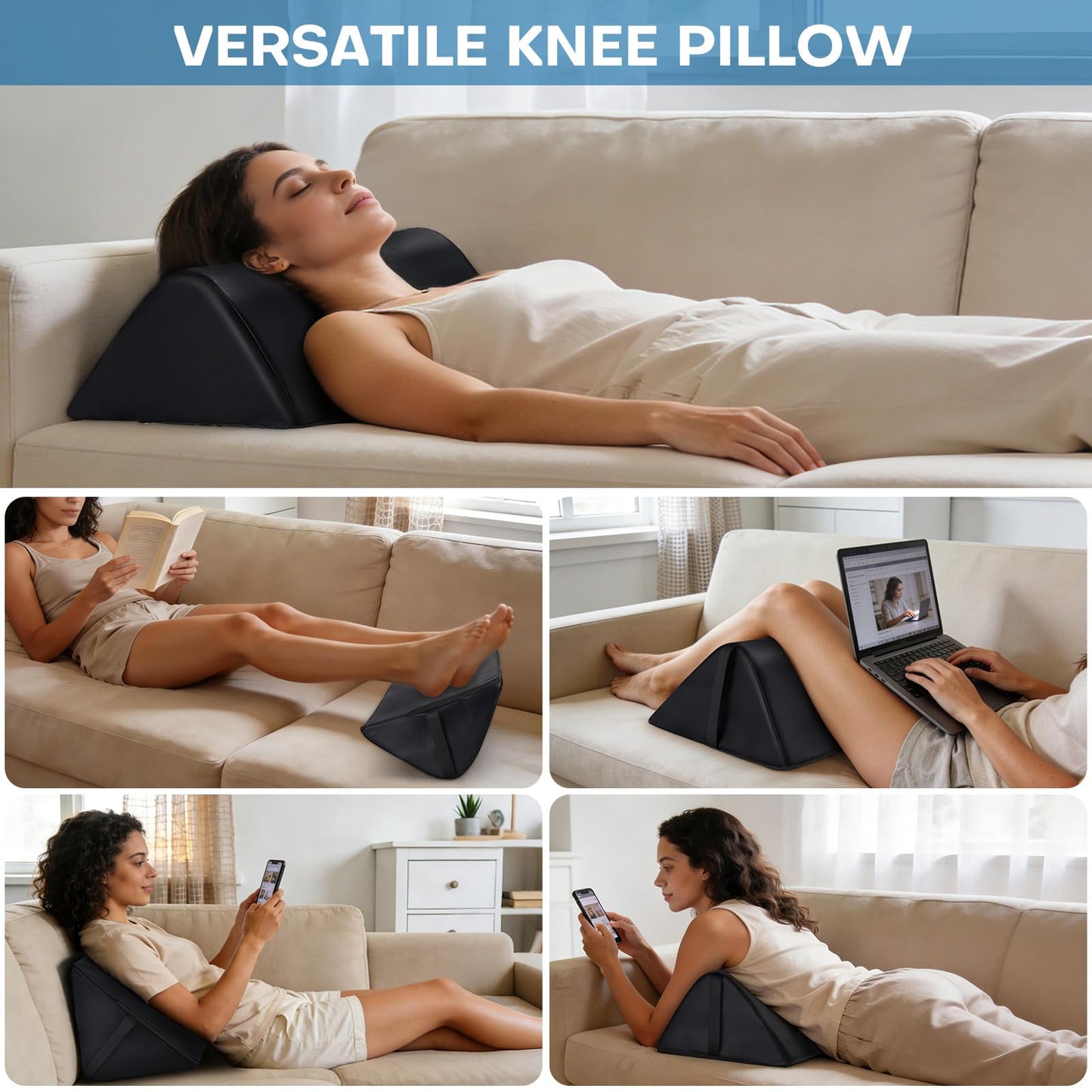 Knee Wedge Pillow for Legs, 20 x 12 x 7 inch Under Knee Elevated Pillow for Sleeping on Back Triangle Pillow for Legs with Strap Handle, Under Ankles Pain Relief Leg Pillow Bolster for Massage Table