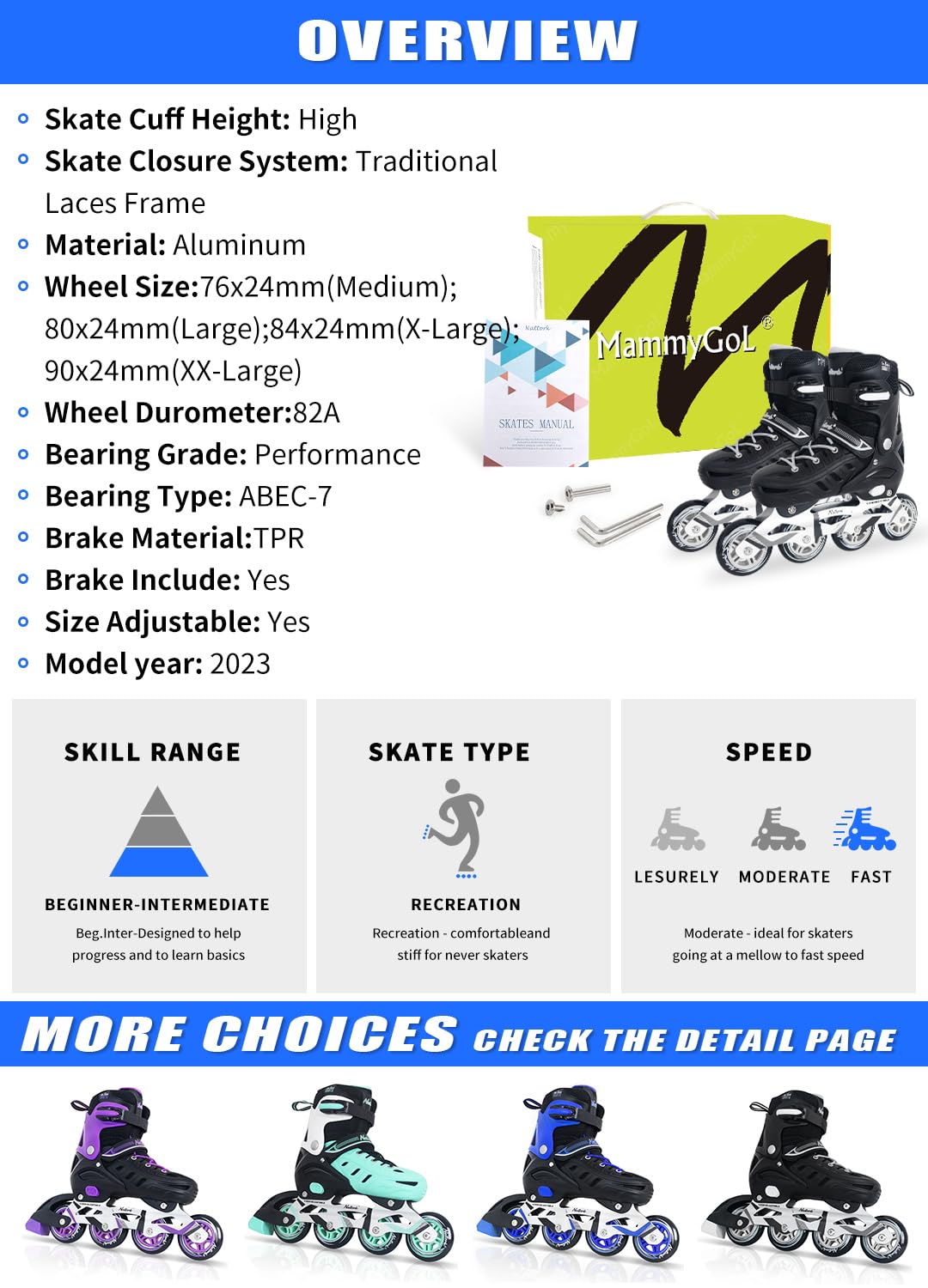 Inline Skates for Adults Men Women, Adjustable Aggressive Durable Roller Blades with Giant Wheels, High Performance Skates for Male Female Black Size 6 7 8 9