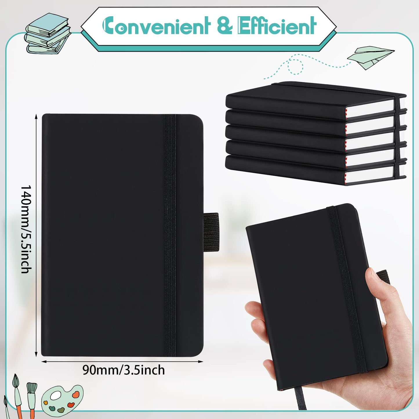 Laumoi 40 Pieces Small Notebooks A6 Pocket Journals 3.5 x 5.5 Inch Small Leather Notebook Mini Ruled Lined Journal with Elastic Band Pen Holder Page Marker Ribbons (Black)