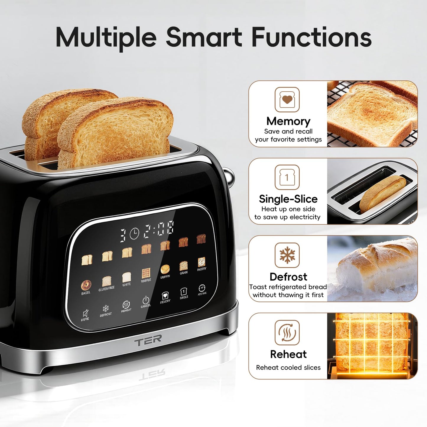 Toaster 2 Slice, Touch Screen Wide Slot Retro Toaster for Bagel & Thick Breads, Stainless Steel Smart Digital Toasters, 7 Bread Modes & 7 Browning Levels, Mute Mode, Memory, Defrost & Reheat, Black