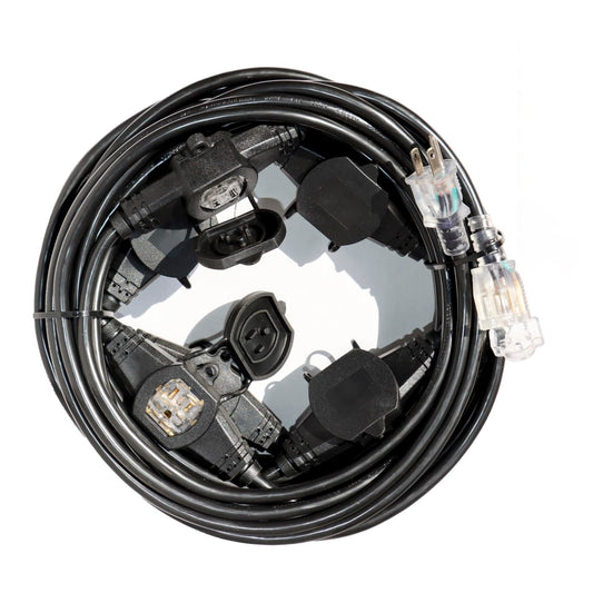 50FT 12 Gauge SJTW Power Extension Cord 3 Prong, 5-15R Male Plug to Female Connector, 6 Outlet, Multiple Evenly-Spaced Plug, Suitable for Stage Setting or Outdoor, UL Certified