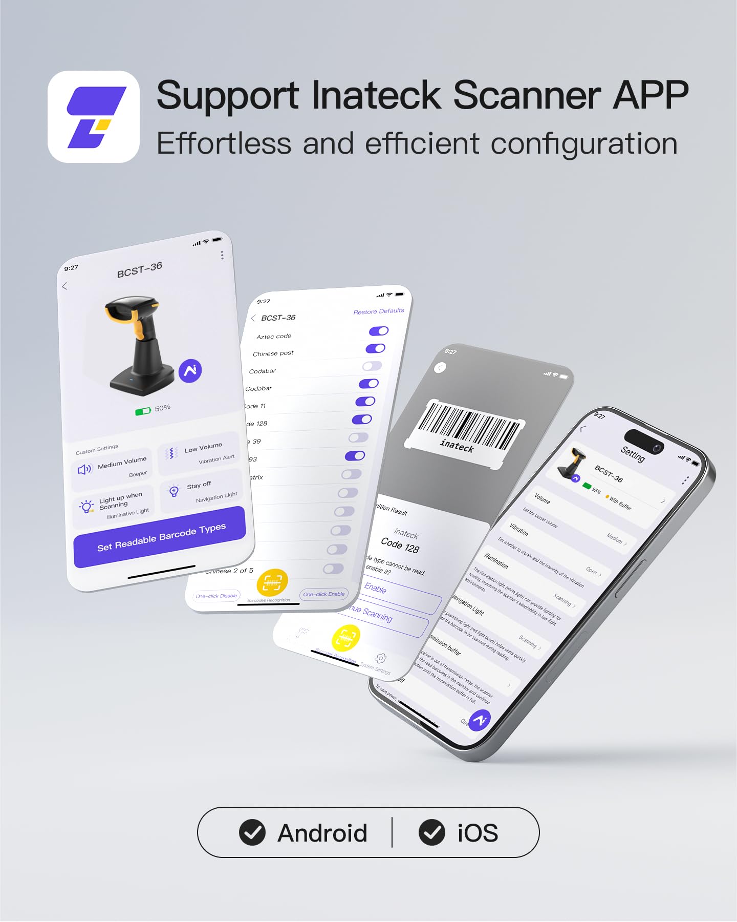 Inateck Bluetooth Barcode Scanner 2D, Wireless 2D QR Code Scanner with 2600 mAh Battery and Smart Charging Base, Handheld Scanner Support AI, APP, SDK, BCST-36