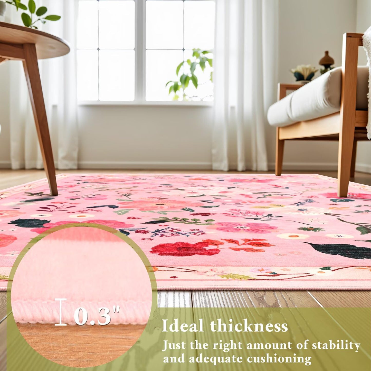 Macgace 5x7 Pink Floral Rug for Living Room, Machine Washable Area Rugs with Non Slip Backingfor Girls Bedroom, Cute Flowers Carpet Kitchen Dining Room Kids Playroom Decor