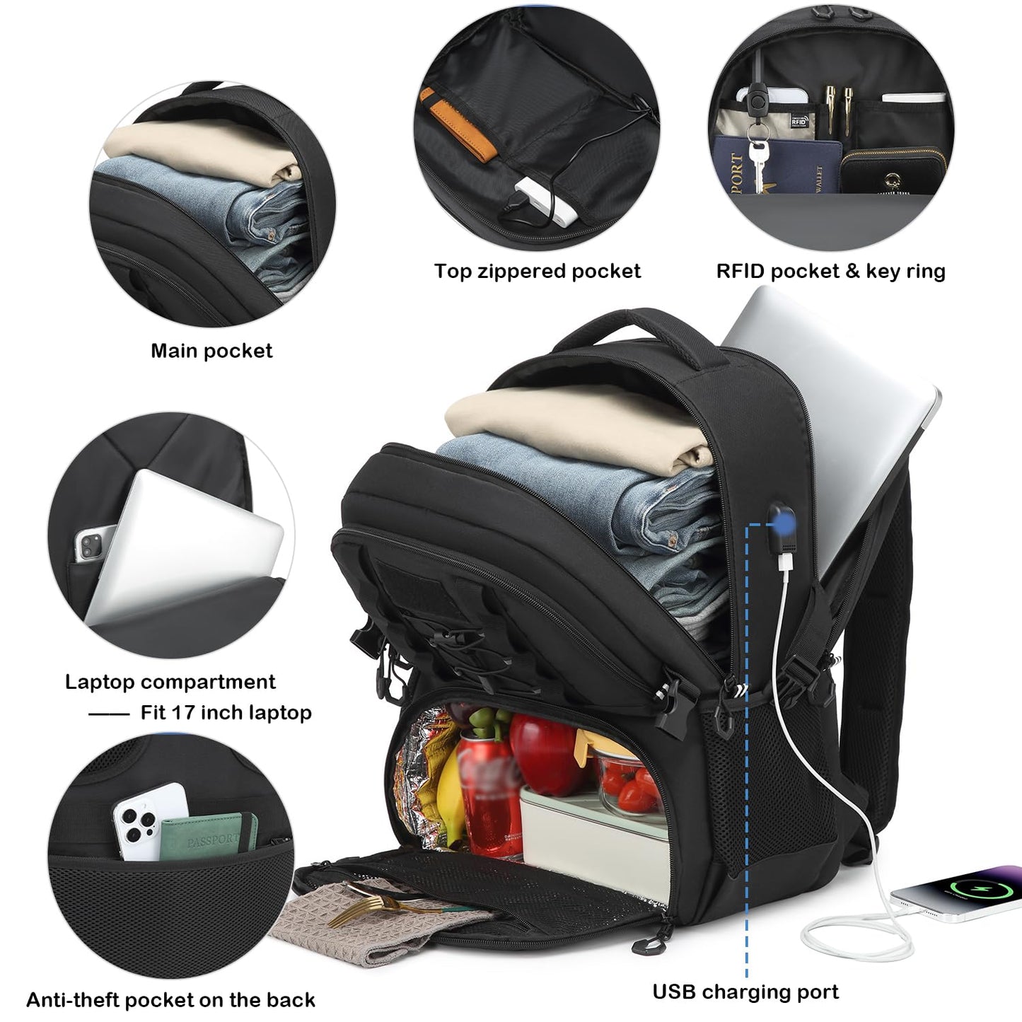 BISKLNDN Laptop Lunch Backpack for Men - 40L Large Capacity Work Lunch Box Backpack with Lunch Compartment and USB Post, RFID Insulated Cooler Backpack for Work, Travel, Picnic, Black